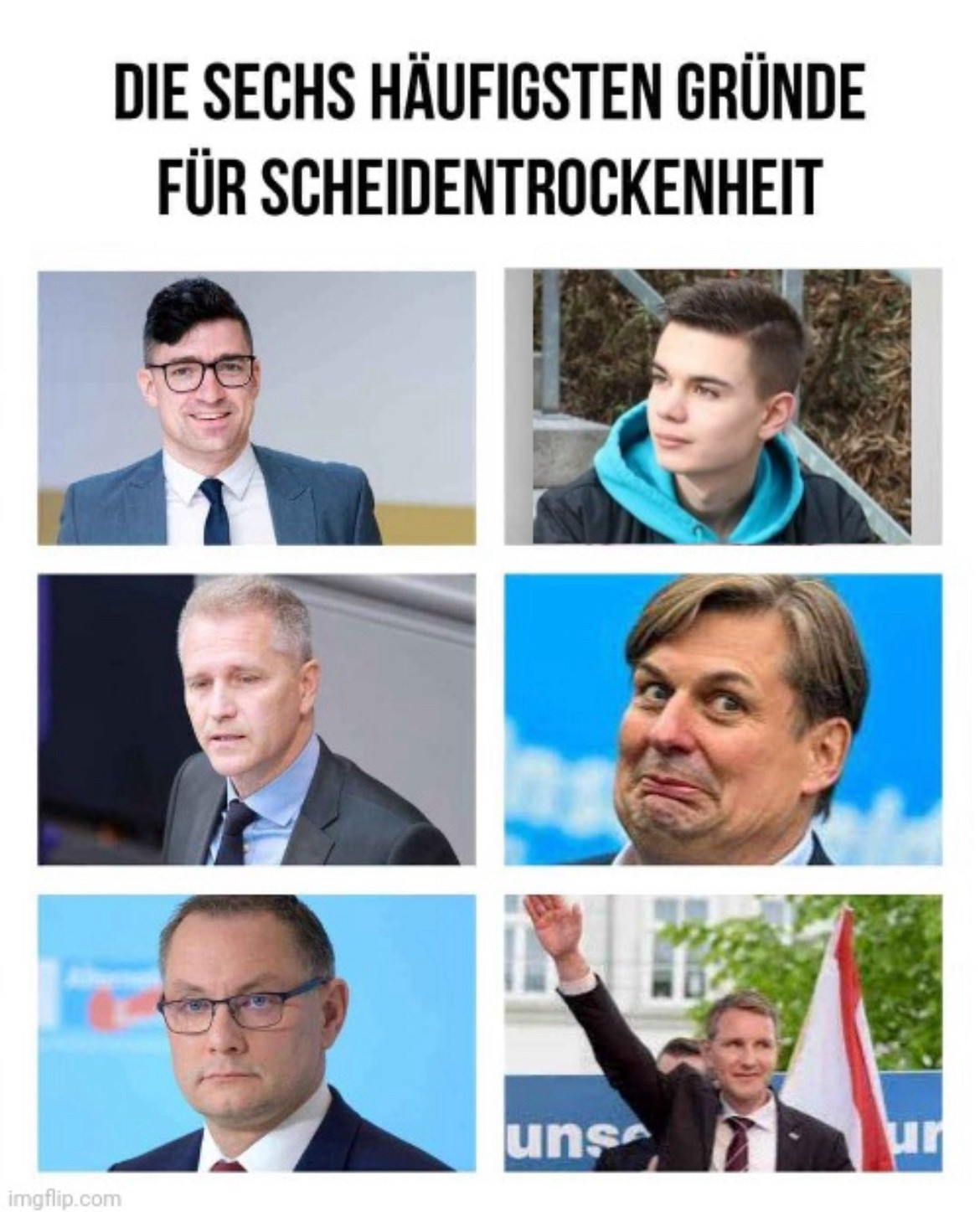 Die sechs häufigsten Gründe für scheiden Trockenheit: 4 AfD Politiker, Martin Sellner und ein kleiner Wicht, der glaubt Journalist zu sein.