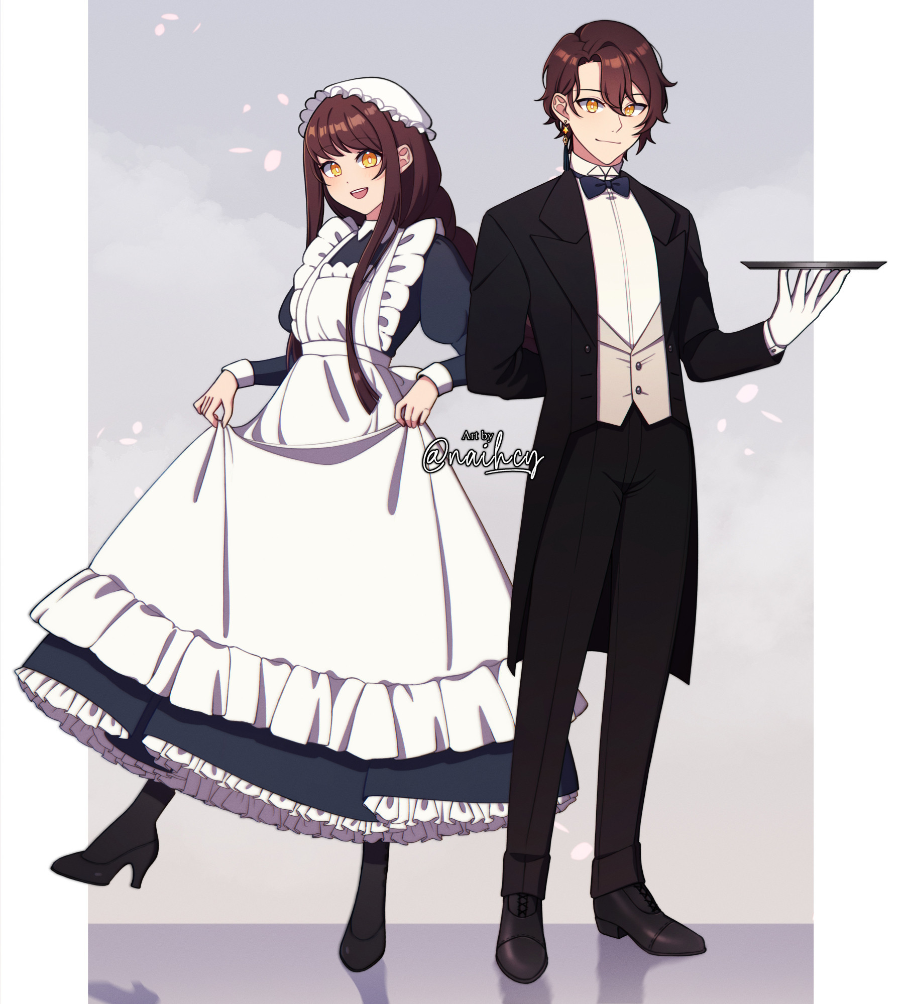 Digital artwork of anime style girl and boy in a maid and butler outfit. They're twins. Original characters Yu and Arc by Naih.