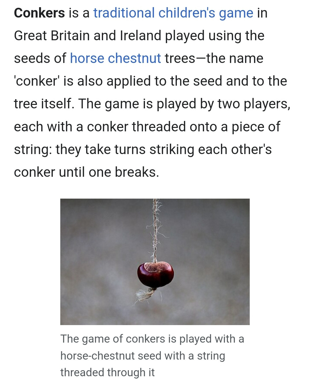 Conkers is a traditional children's game in Great Britain and Ireland played using the seeds of horse chestnut trees—the name 'conker' is also applied to the seed and to the tree itself. The game is played by two players, each with a conker threaded onto a piece of string: they take turns striking each other's conker until one breaks.