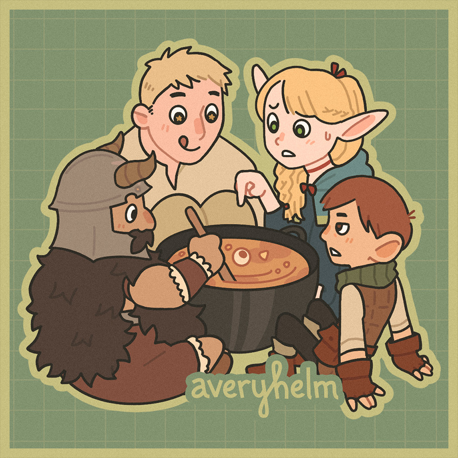 An illustration of the main cast of the series Delicious In Dungeon/Dungeon Meshi. They’re sitting around a pot of soup with an eye floating in it, which Marcille is pointing out with a worried look.