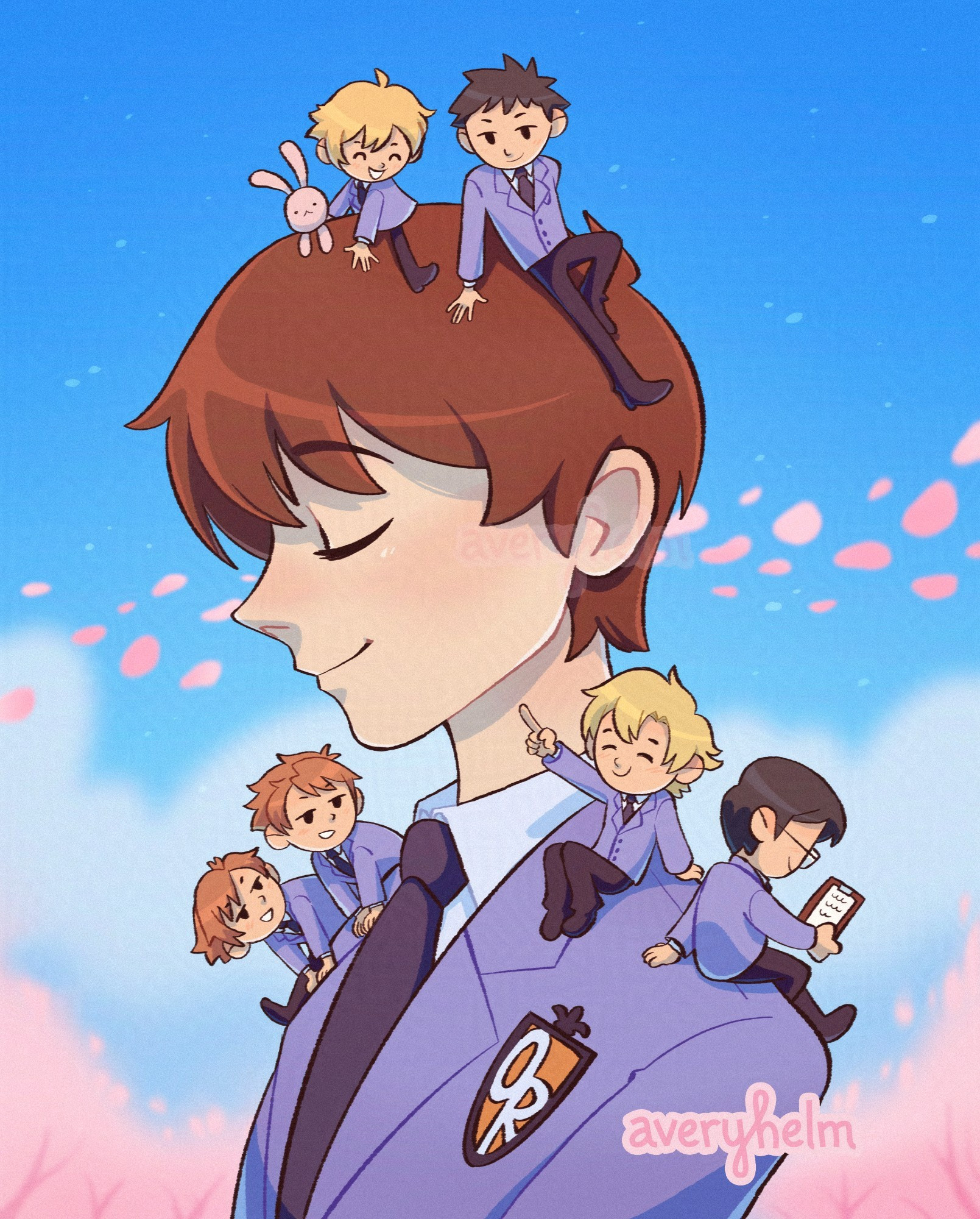 An illustration of Haruhi from Ouran High School Host Club. On her head and shoulders are the rest of the host club members, but tiny!