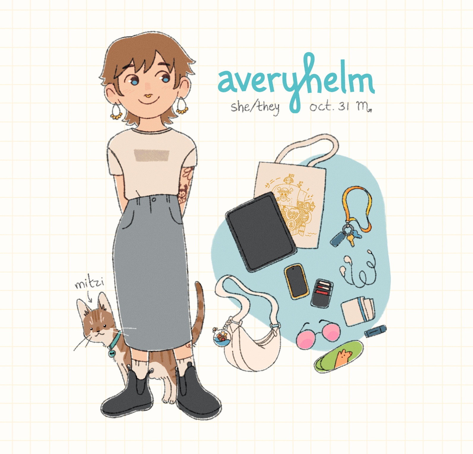 An illustration of me, Avery, as well as my cat Mitzi and my bags + their contents (like my iPad and phone!). The text has my name (Avery Helm), my pronouns (she/they), and my birthday (Oct. 31!).