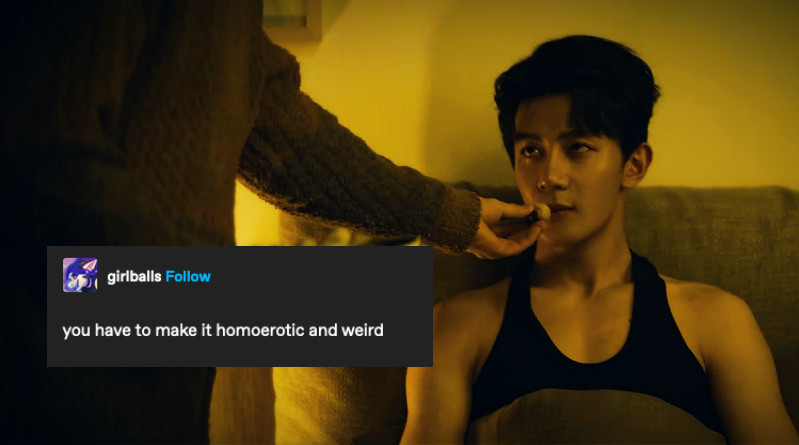 Ruan Nanzhu and Lin Qiushi from The Spirealm overlaid with a Tumblr text post that says, "you have to make it homoerotic and weird"