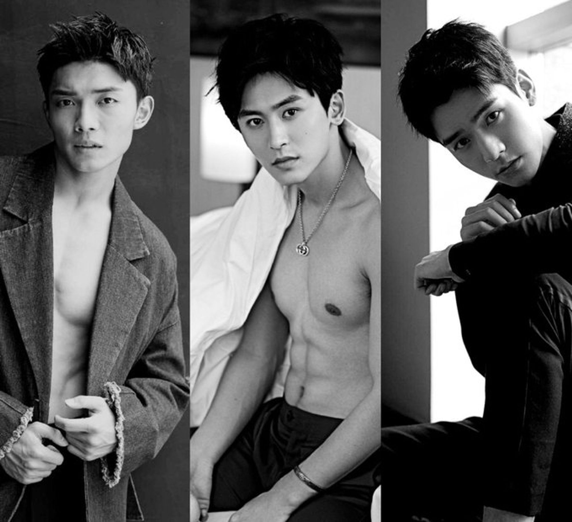 a trio of photos of Wang Rong, Zhang Zhehan, and Gong Jun in black and white