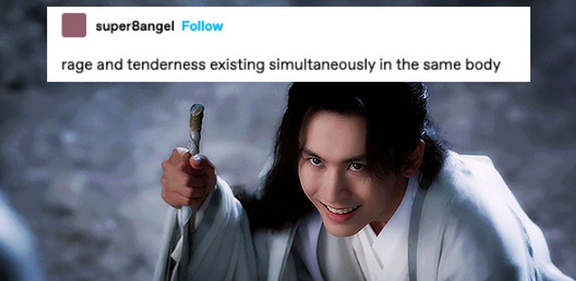 Zhou Zishu overlaid with a Tumblr text post that says, "rage and tenderness existing simultaneously in the same body"