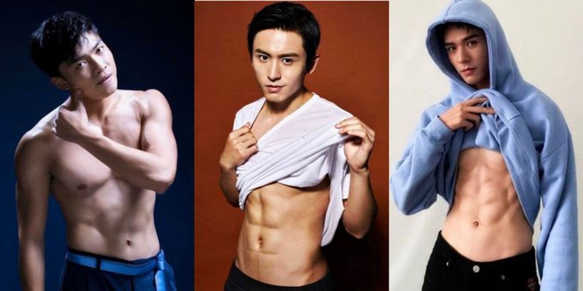 Photos side by side of the actors who play Han Ying, Zhou Zishu, and Wen Kexing in modern clothes with their muscular abs exposed