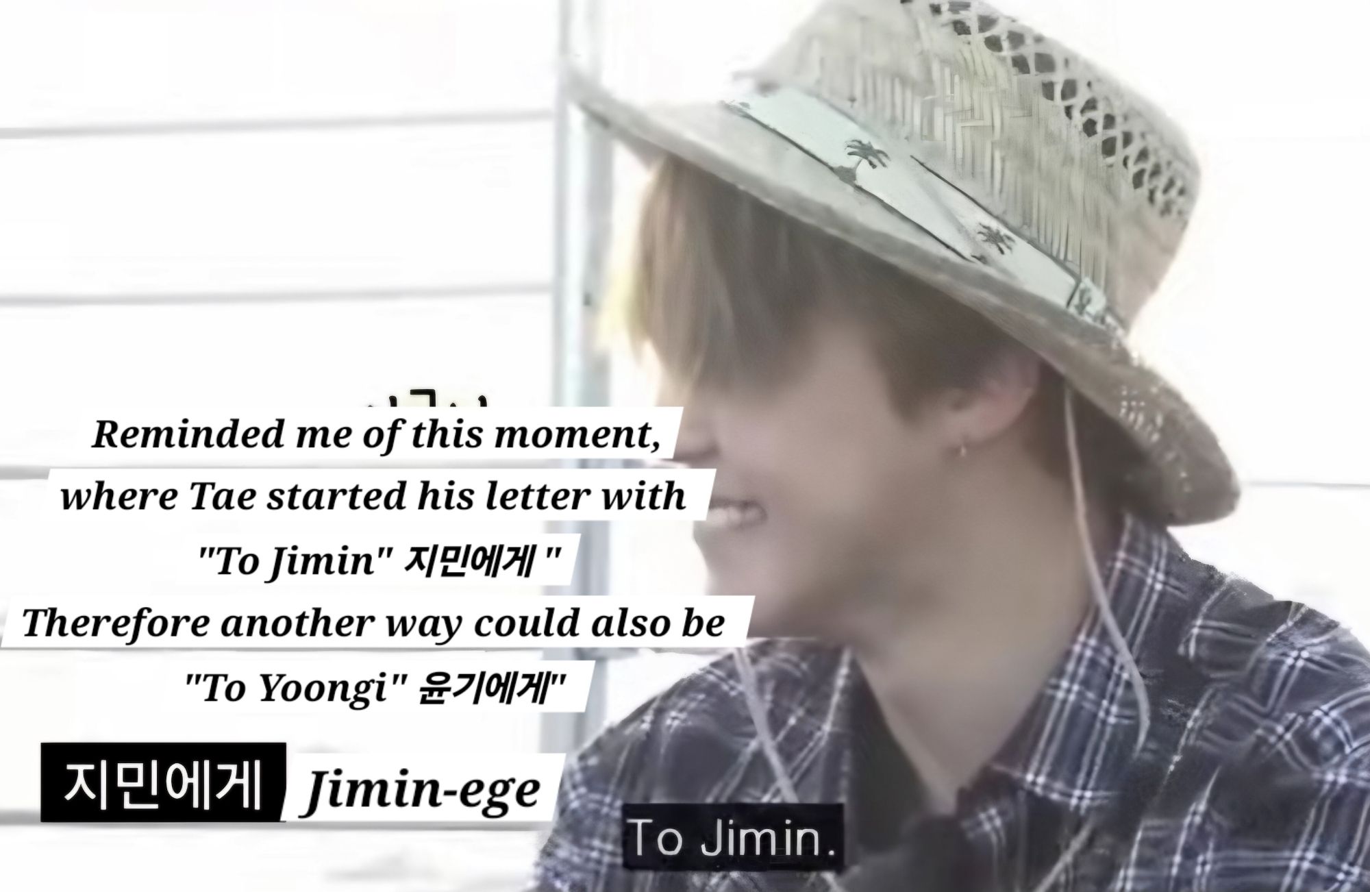 Jimin on a boat. The picture depicts the explanation of how to start a letter in Korean