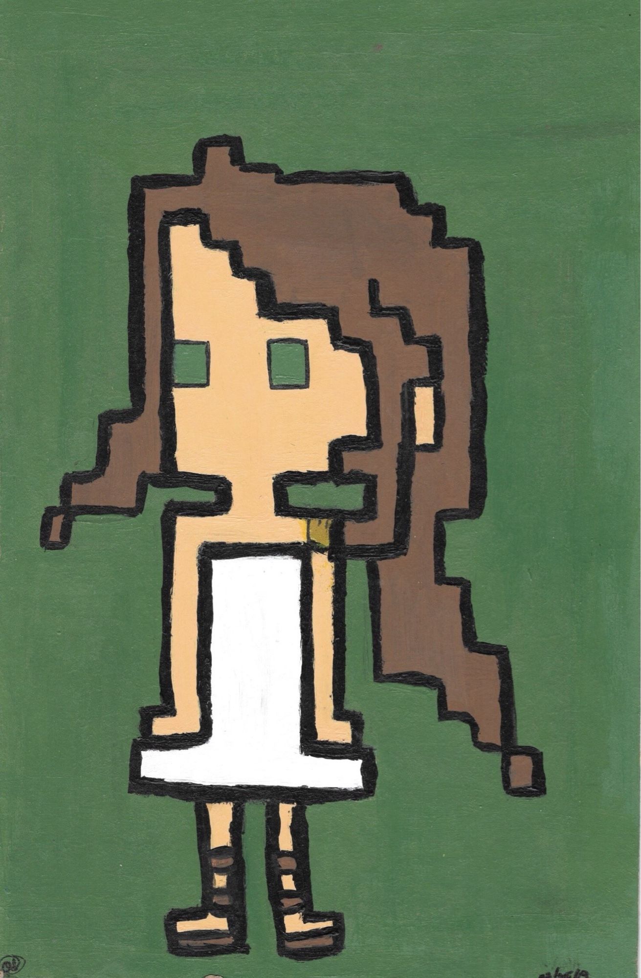 colored, full body acrylic painting of my character Calliste in a style that resembles pixel art. She is set against a plain emerald green background which matches her eyes. Calliste is wearing her usual white dress, brown sandals - an outfit inspired by ancient Greek attire although overly simplified here. Artist's signature is written in the lower left hand corner