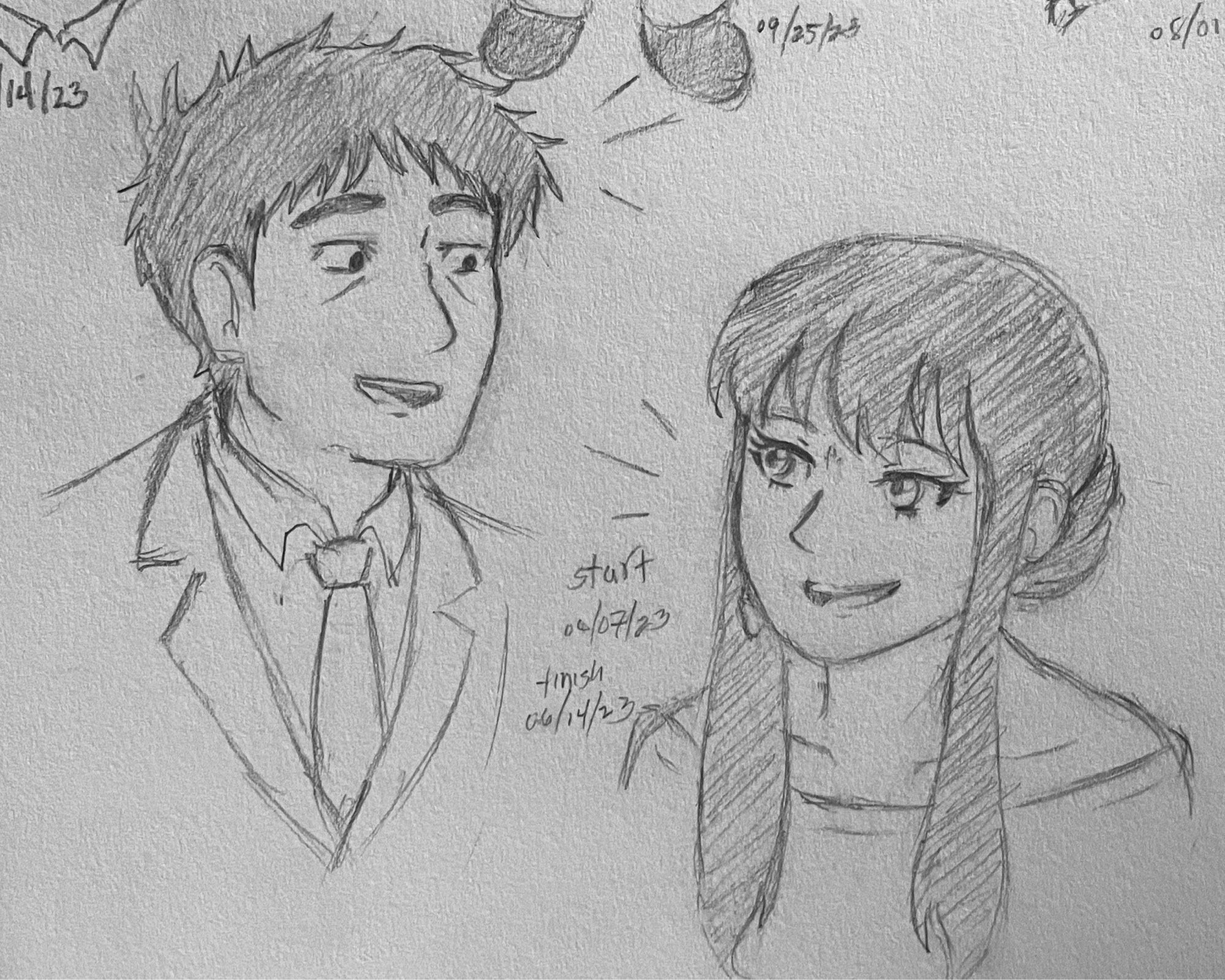 black and white graphite sketch of Serizawa and Yor on a white piece of paper. They are facing each other, smiling and seemingly having a conversation. The start date 04/07/23 and finish date 06/14/23 are written between the two