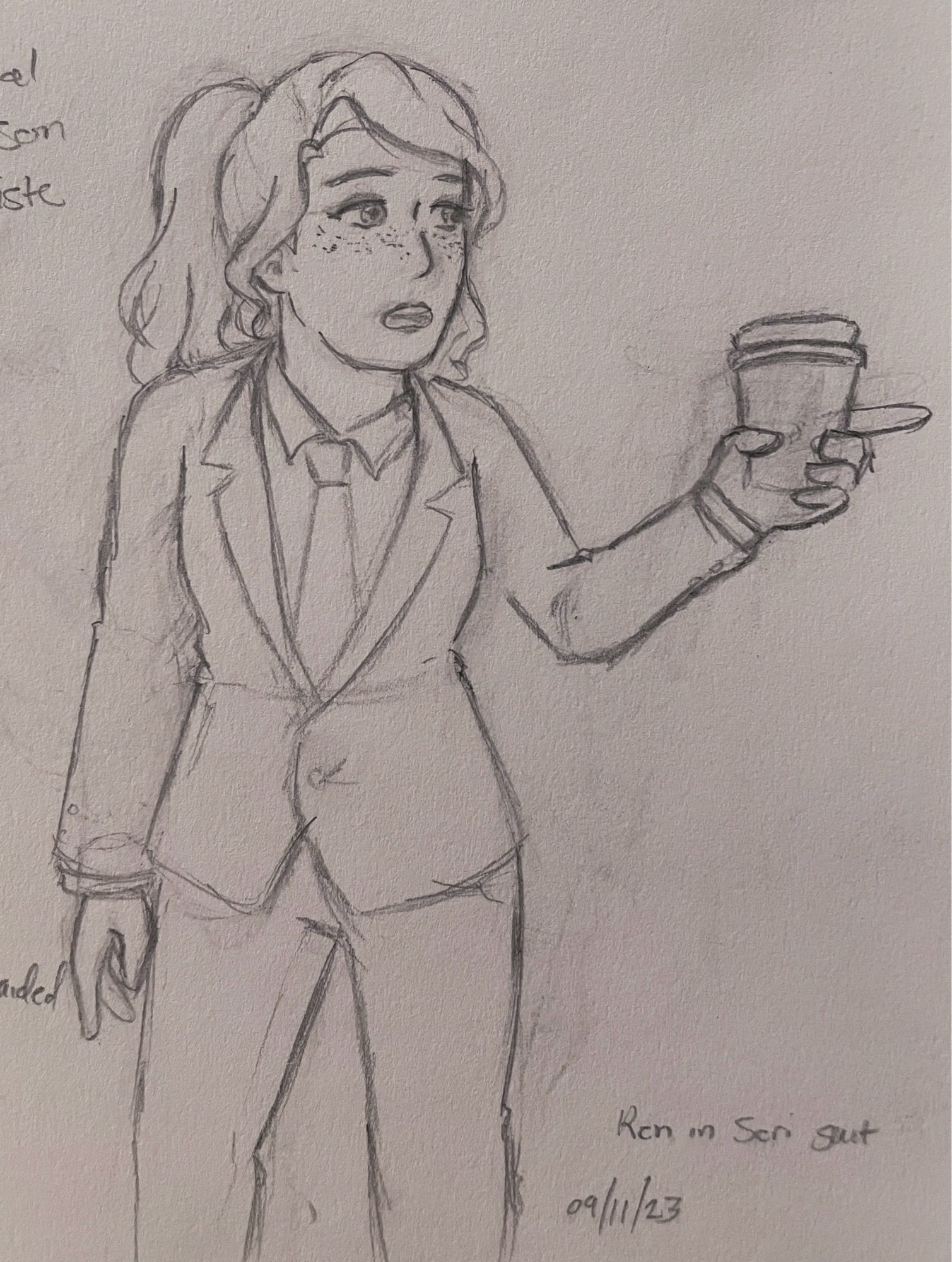 black and white pencil sketch of my character Ren. They are drawn from their head to their knees. Ren is wearing a business suit, hair pulled up in a high ponytail, hair strands still visible on the sides of her face. Ren has one arm at her side, while the other is bent, hand holding a cup of coffee with her index finger extended as she points at something off screen. She has a neutral expression, appearing as if she's talking to someone off screen.