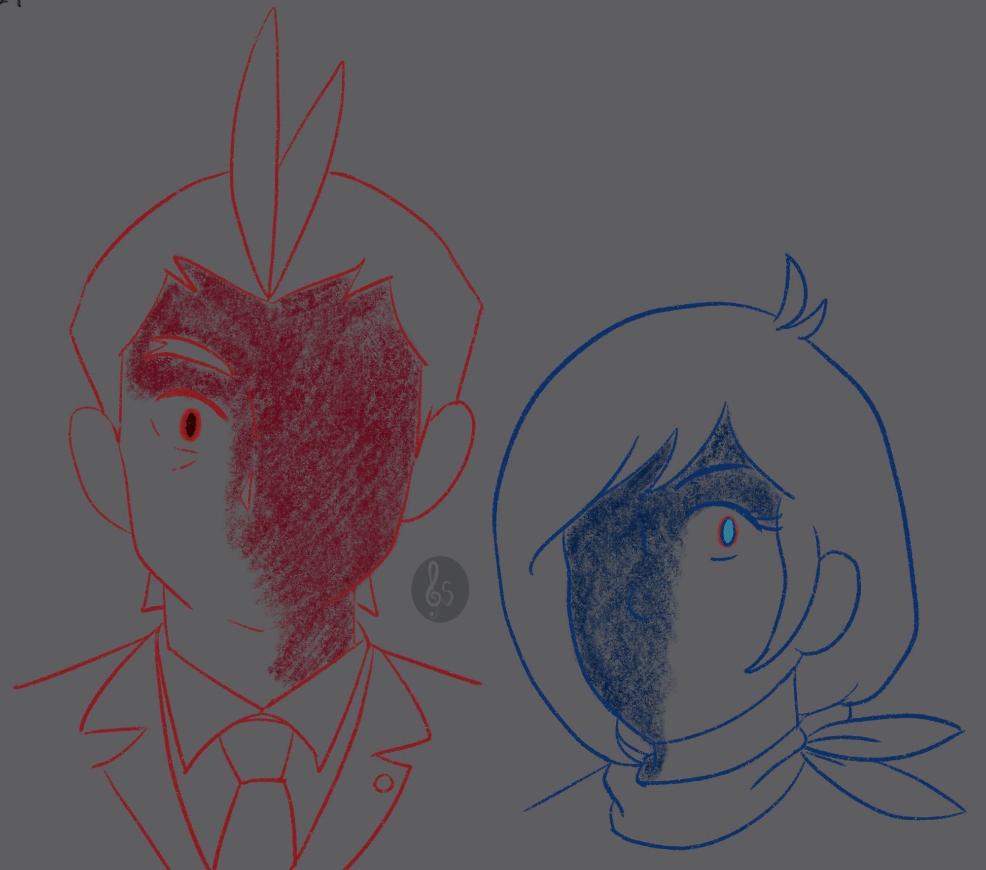 digital drawing of Apollo Justice and Trucy Wright busts against a gray background. They are both staring directly at the viewer. 
Apollo is outlined in red, while Trucy is outlined in a dark blue. They are both uncolored except for their eyes and the shadows casted on their faces.

 Apollo's eye on the left is colored brown, outlined in red and the rest of his face is obscured by a darker red shadow. Trucy's eye on the right is visible, colored light blue with a darker blue outline and a red glow around her iris. The rest of her face is also covered in shadow with a darker blue. 

Artist's watermark is in between the pair, above their shoulders.