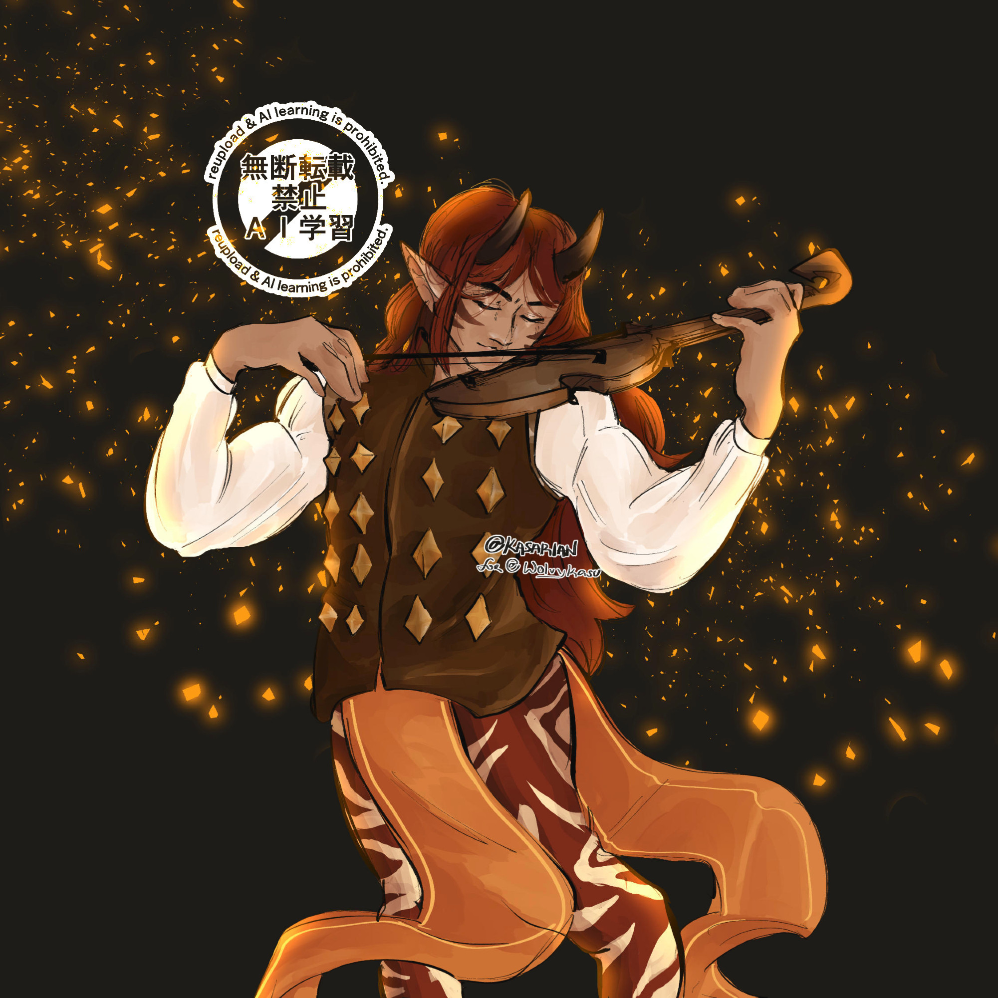 An example of OP's art for commission. a colored illustration of a satyr character with long red hair, reddish brown markings on his face, and brown horns. he silhouette is backlighted by golden glowing flecks as he plays the violin, seemingly very into it as his eyes are closed and his brows are furrowed in concentration, however, he still smiles as he plays.