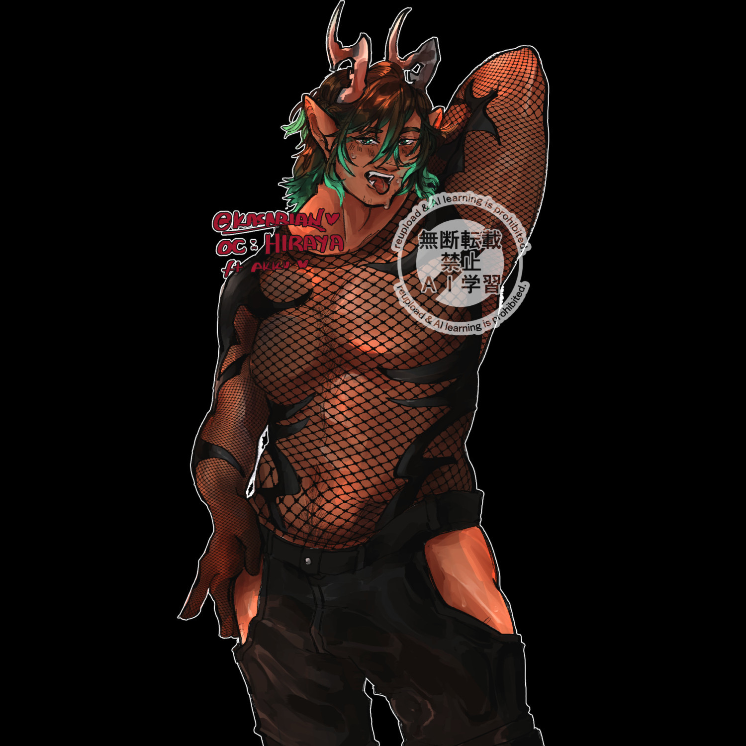 An example of OP's art for commission. almost full body piece of OC art featuring Hira, a man with medium, shoulder length brown hair with cyan tips and horns of a dragon, is posing with his left arm up, and the right  resting on his thigh, as if modeling his outfit, which is Lucas Stowe's Demon Bodysuit, a mesh top with sharp black shapes that highlight his body, as well as his pants that have a rather large part of his thighs exposed as per its design. Hira has his mouth open, tongue out and his fangs exposed as he shyly gazes at the camera. It is implied that he is looking at his boyfriend.