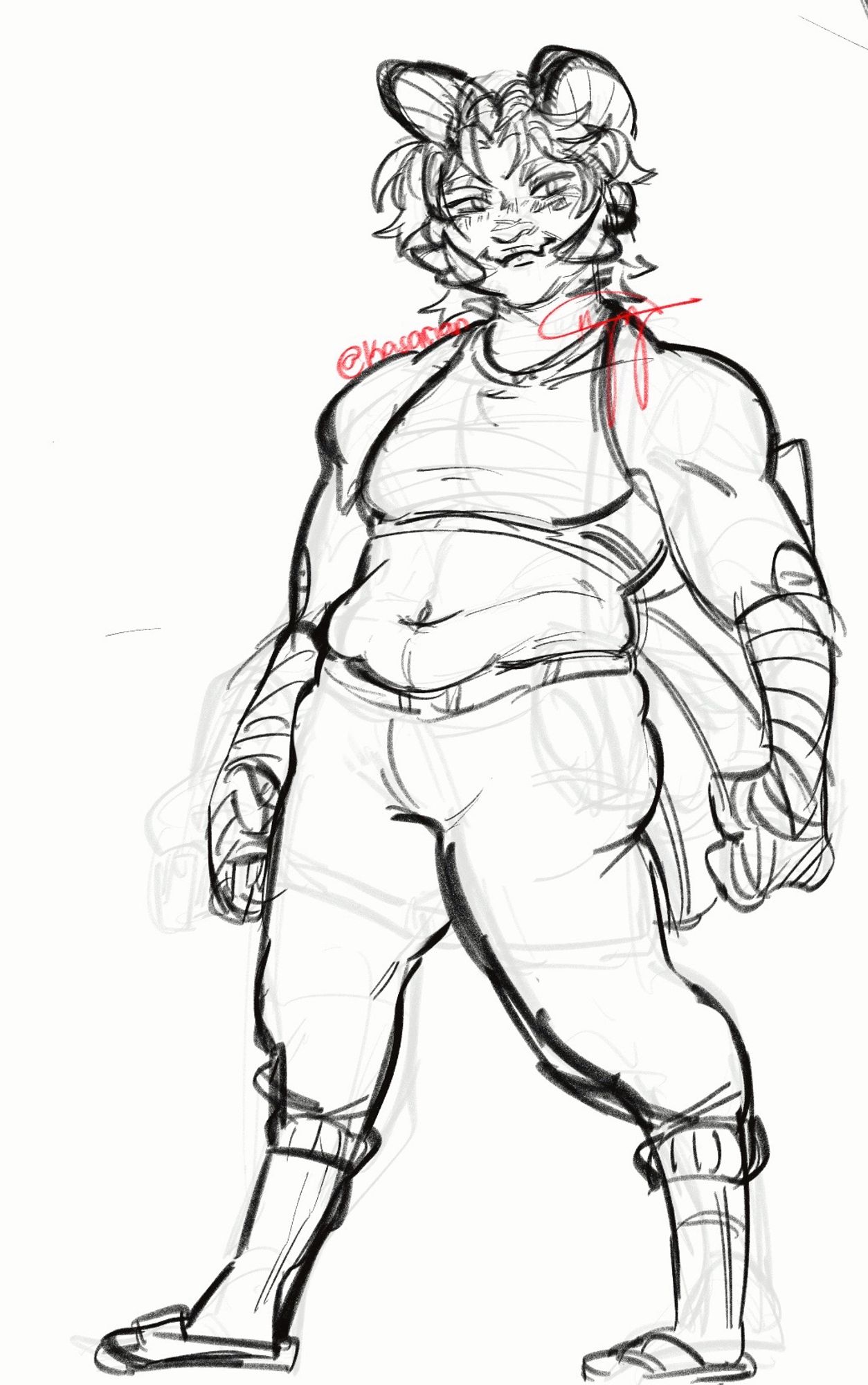 a sketch of a buff butch woman standing. she has bandages on her arms and is wearing a sports bra and some vague training pants.