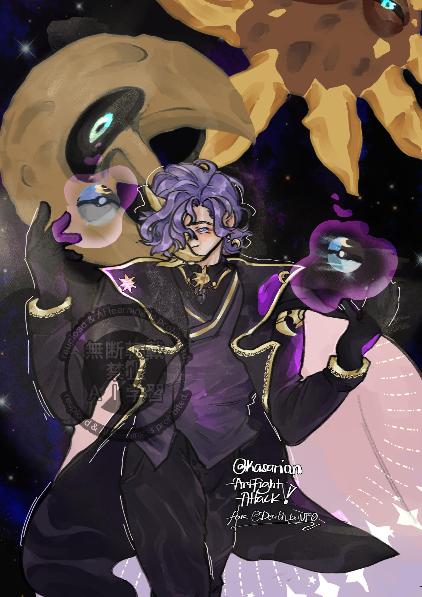 An example of OP's art style for commissions. A digital illustration of a character set in the Pokemon universe, he has purple hair, a prim and proper suit, as well as half a mask is obscuring his face as he psychically levitates two pokeballs to either side of him. Behind him are a shiny lunatone and a solrock ominously looking at the viewer.