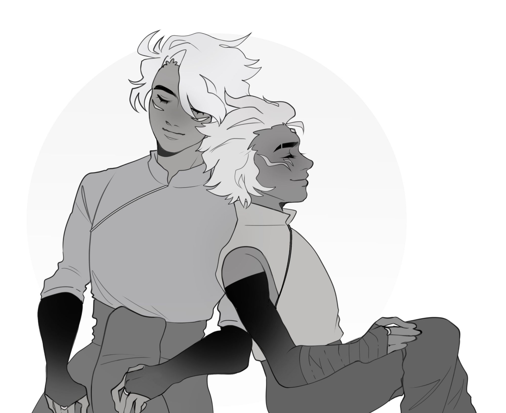 art by caefraise on X. two men leaning against each other and resting. they both have subtle smiles on their faces. end id.