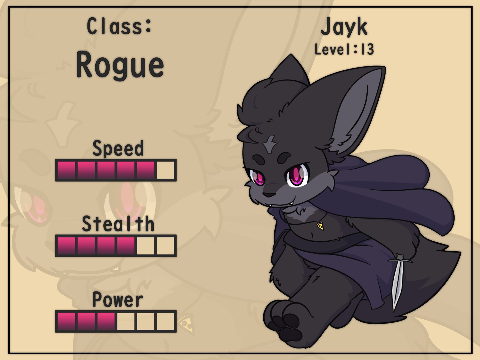 A dashing black jackal with bedeviling magenta eyes is facing to the left in respect to this particular photo. There are several attributes: speed of 5, stealth of 4, power of 3. Level 13. The class is rogue. You've been warned.