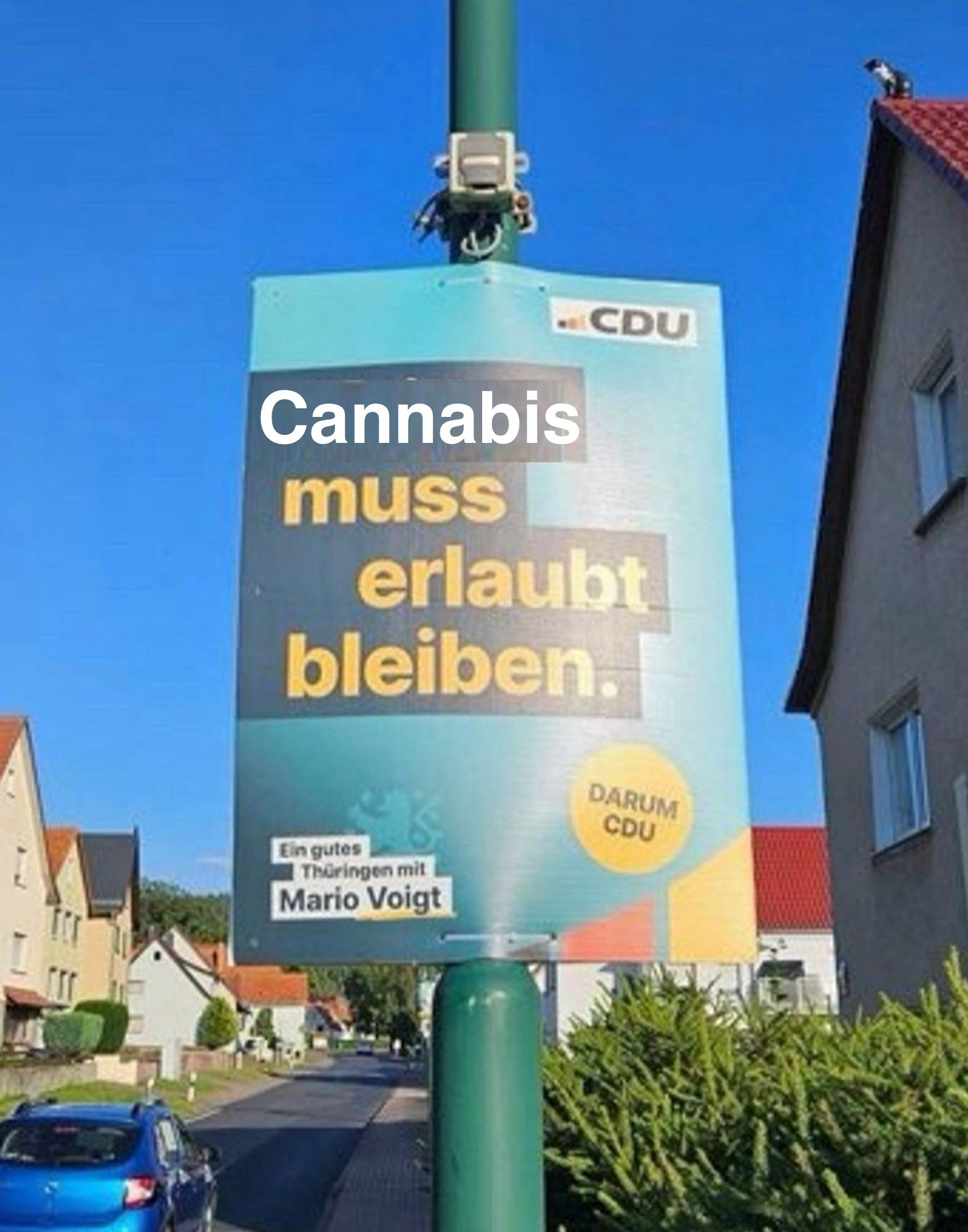 In das Wahlplakat der CDU Thüringen, dass eigentlich "grillen muss erlaubt bleiben" lautete, habe ich statt "grillen" "Cannabis" eingefügt.