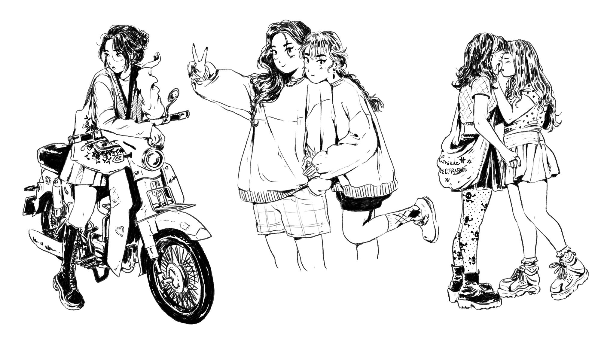 lunchbreak studies 4, 5 & 6, showing a woman on a motorbike, two girls posing for a pic and two women kissing