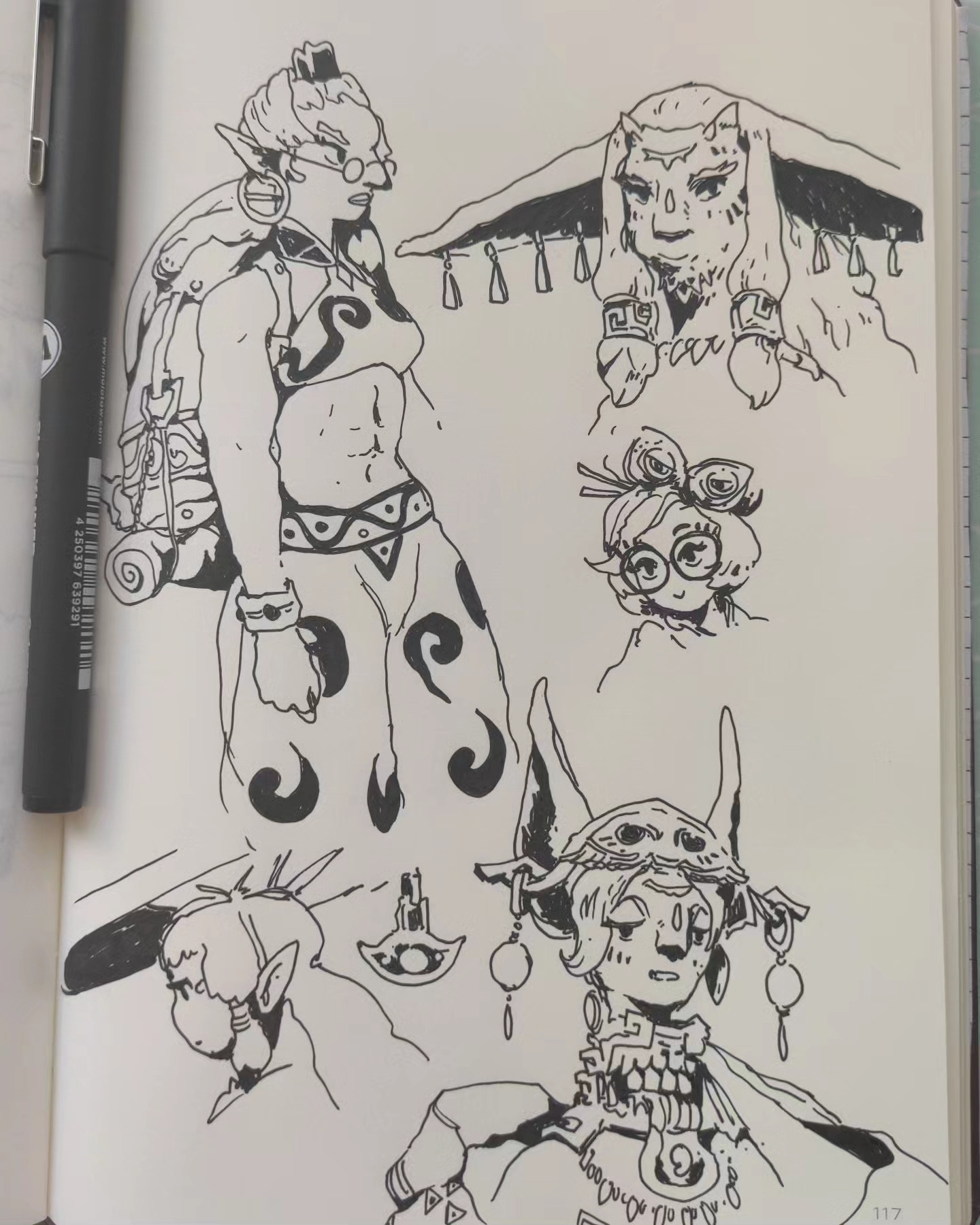 Ink drawings of Zelda TOTK, a gerudo traveller, Purah, Rauru, Mineru