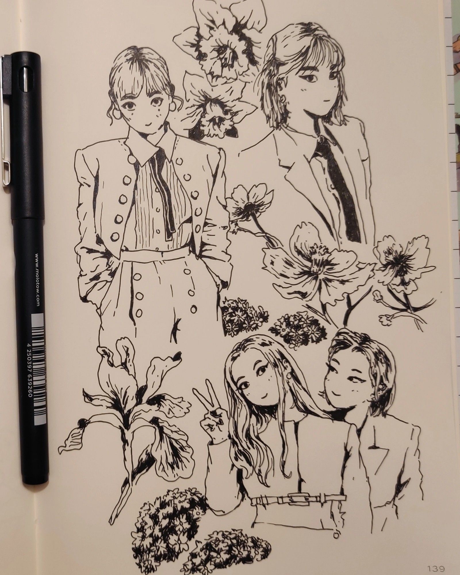 Ink sketches of women wearing suits among flowers