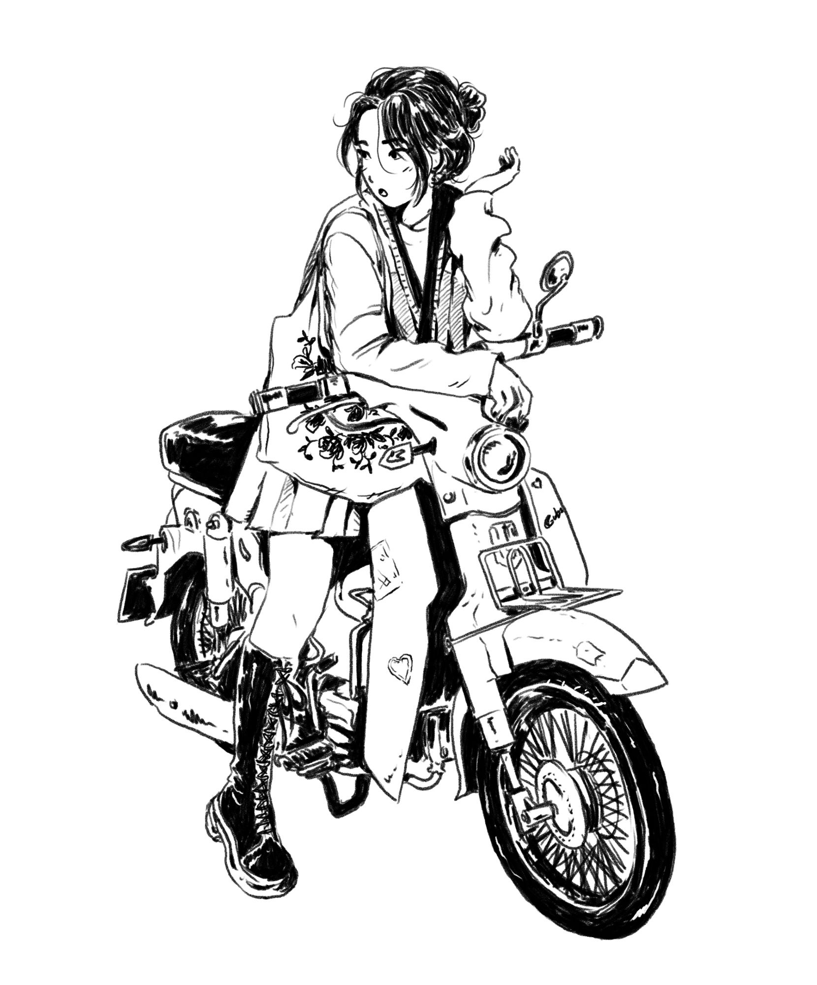 sketch drawing study of a woman on a motorbike, just sitting on it, one foot on the ground, right forearm & left elbow leaning on the handlebar
looks like she's talking with someone we can't see