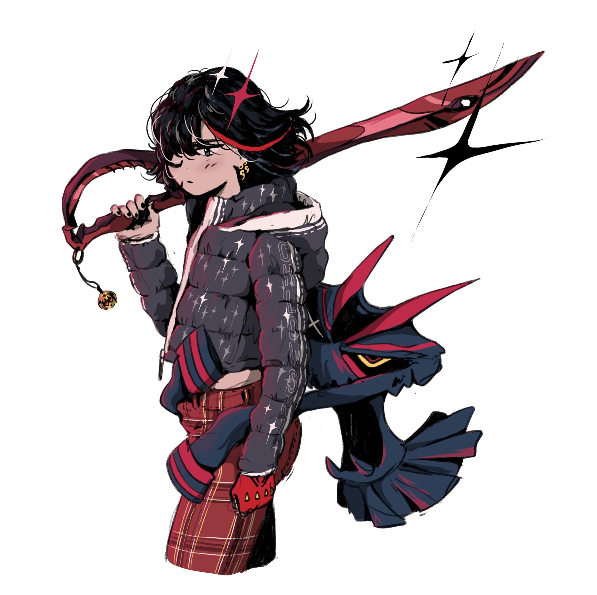 Matoi Ryuko from Kill la Kill, wearing tartan jeans, winter coat and her scissor blade