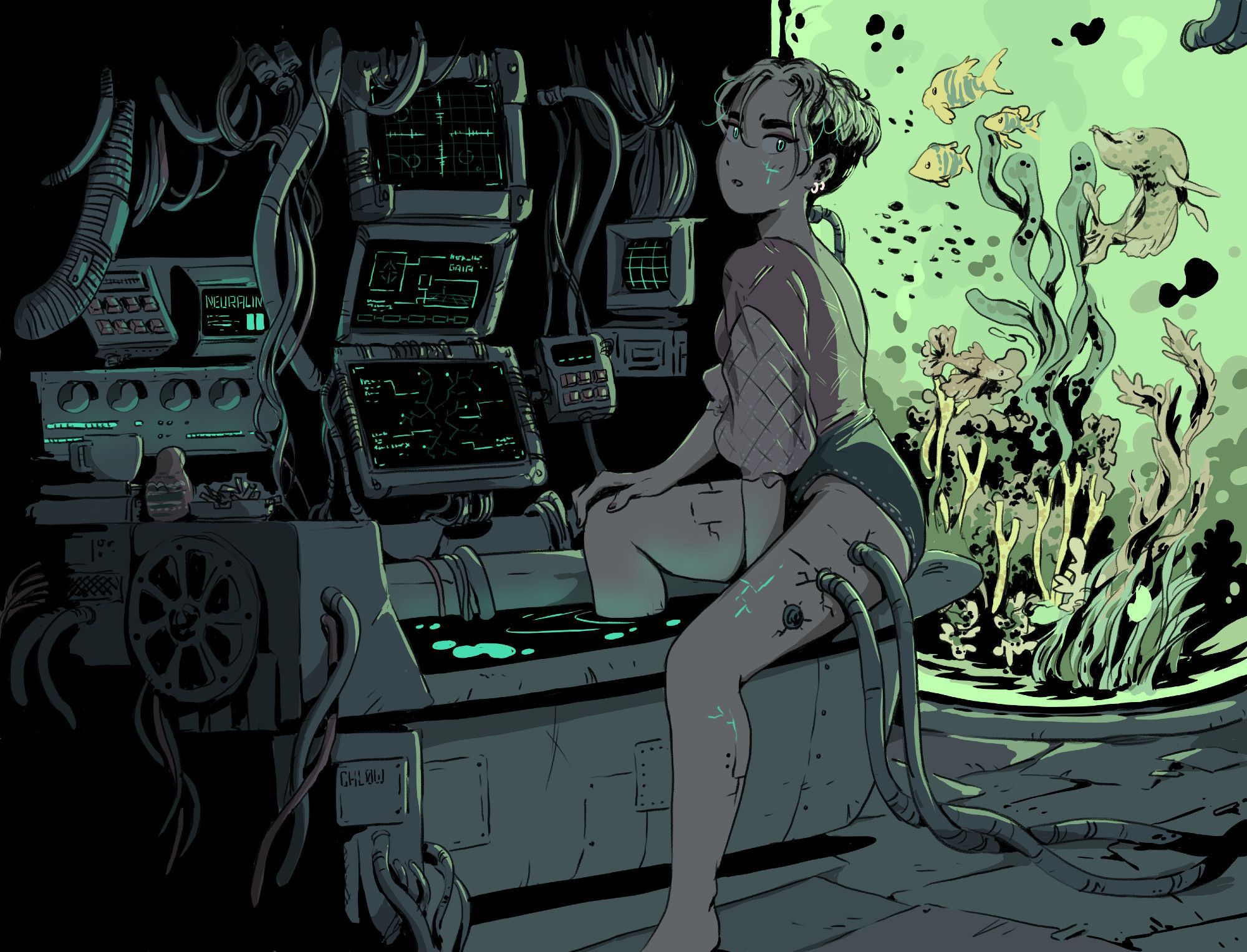 colored piece of a cyberpunk-style scene
woman entering a bath filled with a black liquid, she's connected to various big chonky computers by cables and there's a giant fish tank in the back