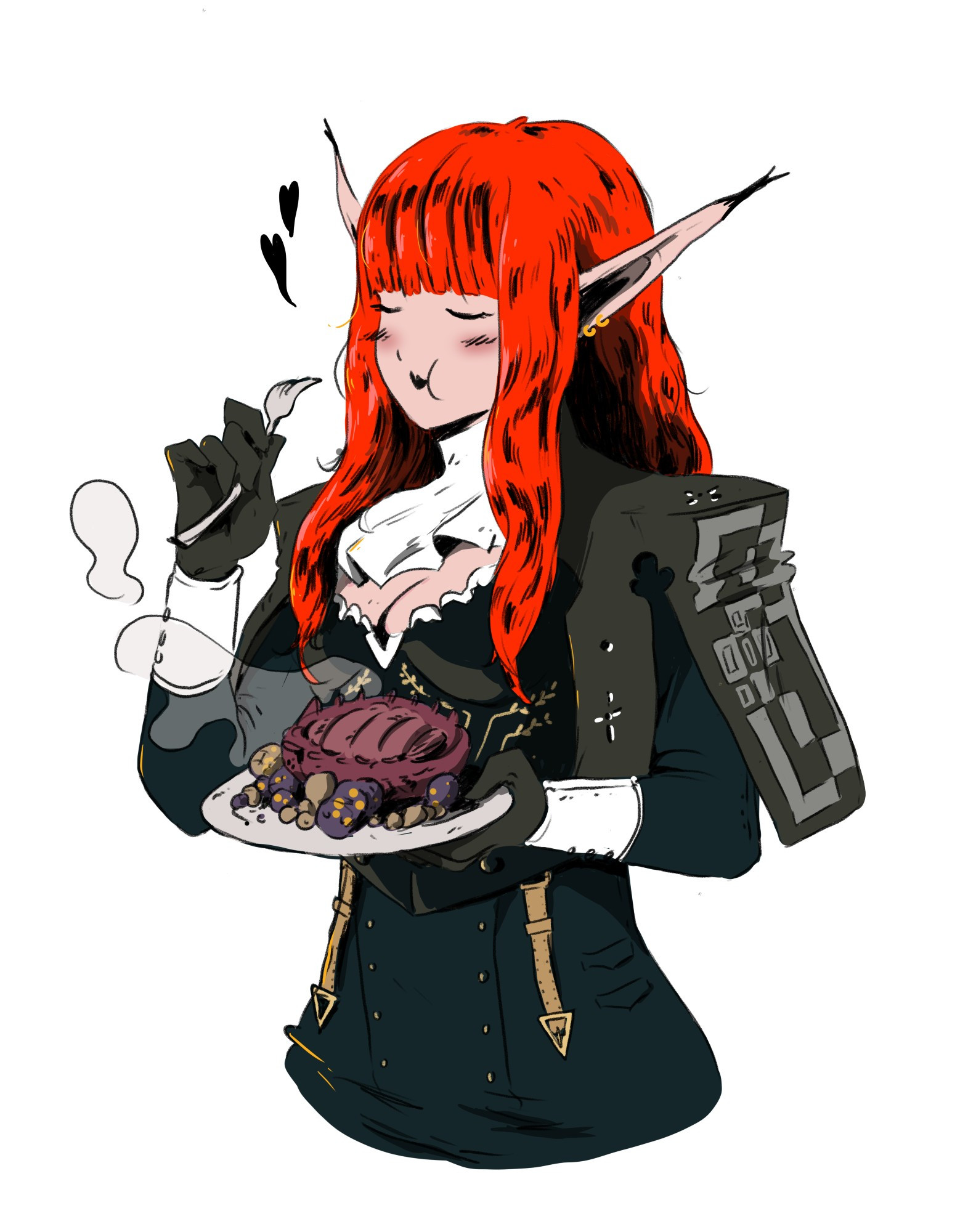 fanart of Hulkenberg from Metaphor ReFantazio eating a weird looking dish, an expression of delight on her face