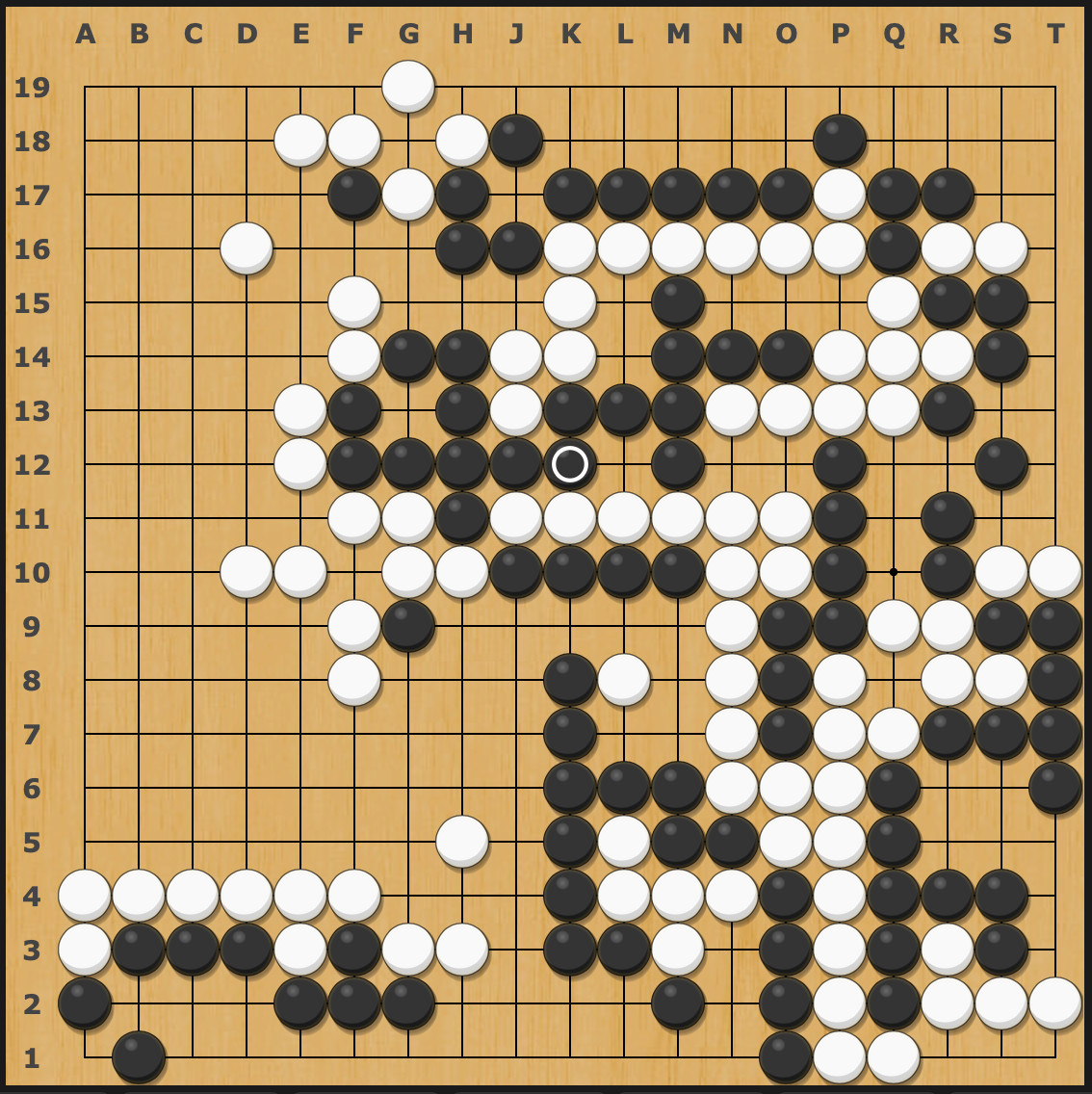 final position on a Go board, when White resigned
they made lots of point on the left side, but giving Black lots of influence and strength everywhere else in exchange, so they had to invade & ended up dying in Black's territory