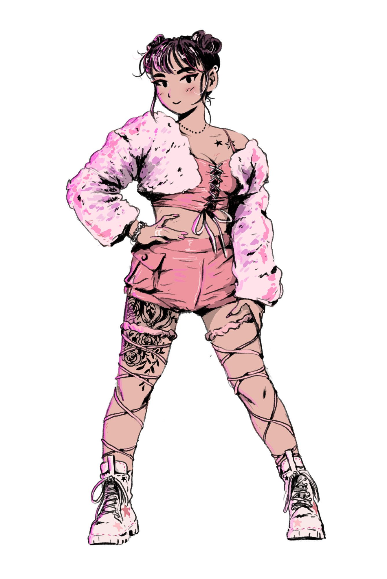 drawing of a pop idol, inspired by a Twice outfit (worn by Momo)
almost white pinkish sneakers with star patterns, some laces around the legs, pink mini shorts & top, fluffy crop cardigan, flower tatto on the right thigh, star tattoo on the chest near the shoulder