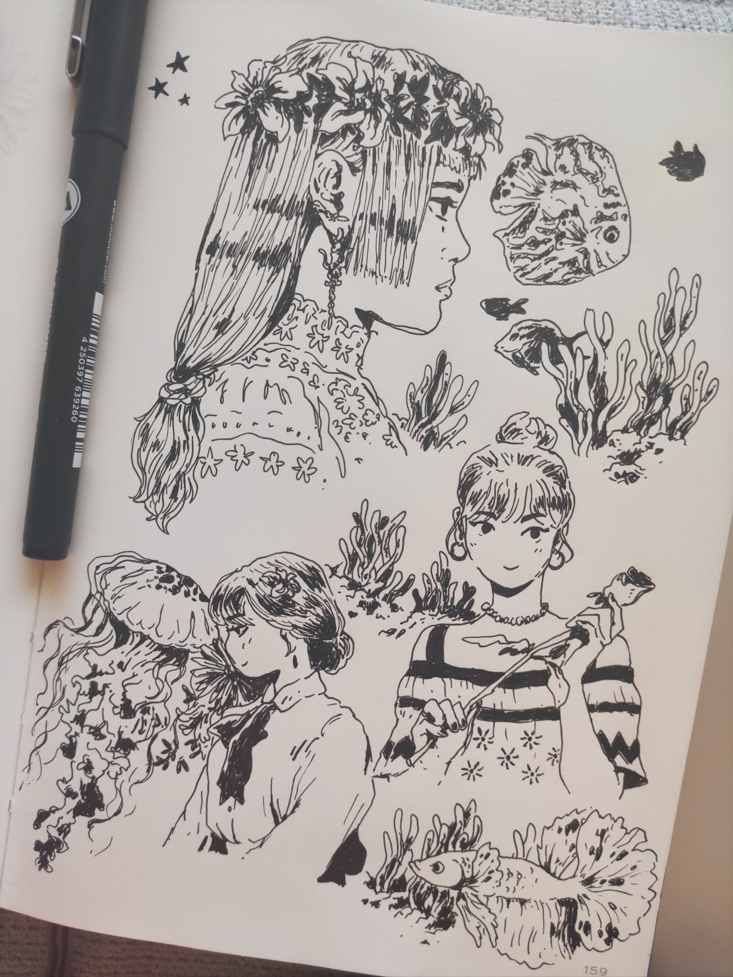 Inked drawings, sketchbook page
Side view of a woman's face, wearing a crown of flowers (inspired by an insta jewelry ad)
A girl holding a flower in her hands, another one next to flowers and a jellyfish
Some fishes and algae