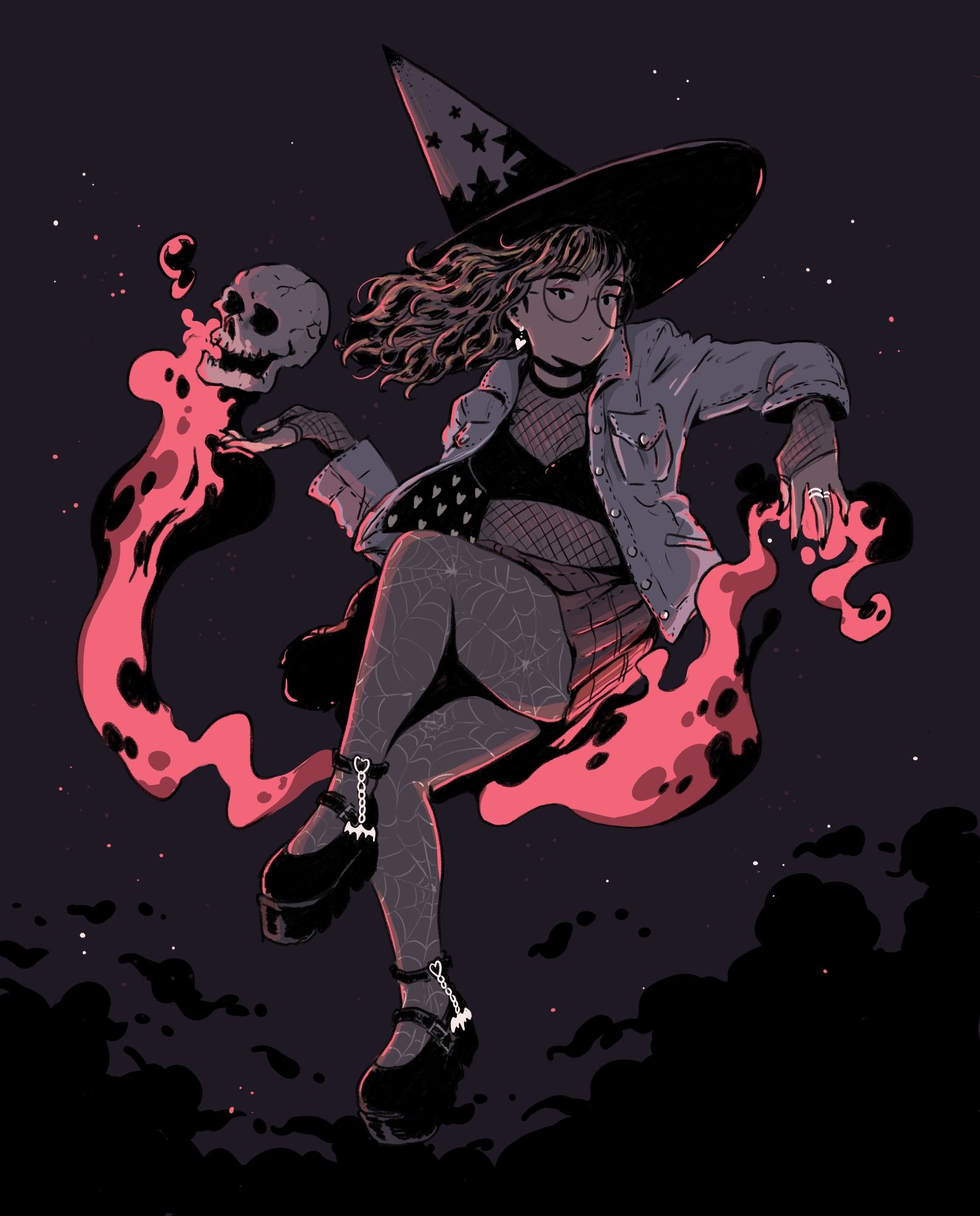 Drawing of me as à witch floating in the night sky, wielding necromancer magic, holding a skull, wearing a witch hat, spiderweb pattern tights, a jean jacket, fishnet top, big goth shoes