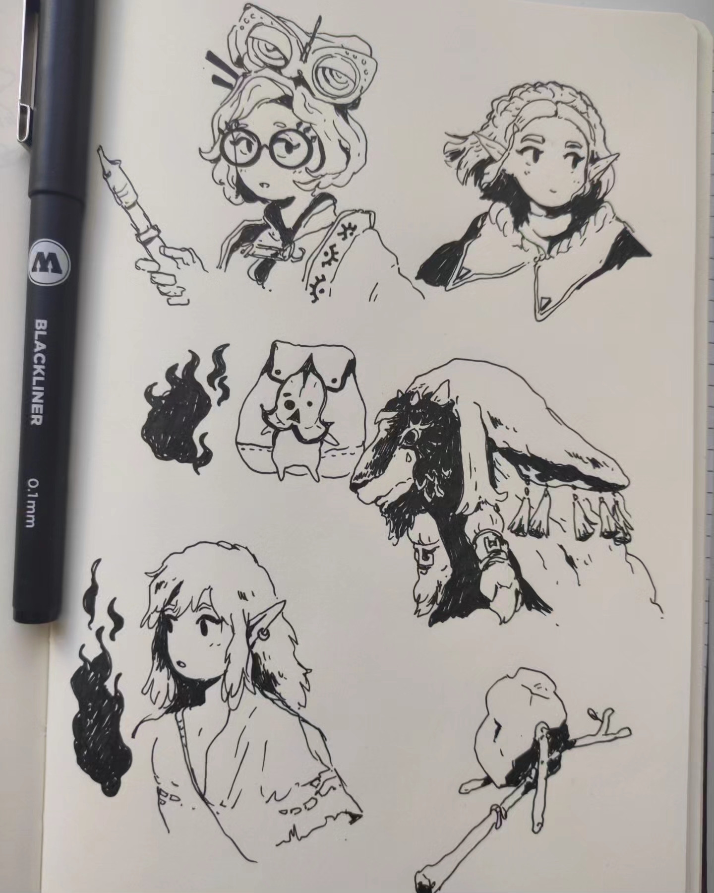 Ink drawings of characters from Zelda TOTK, including Link, Zelda, a Korogu, Purah and Rauru