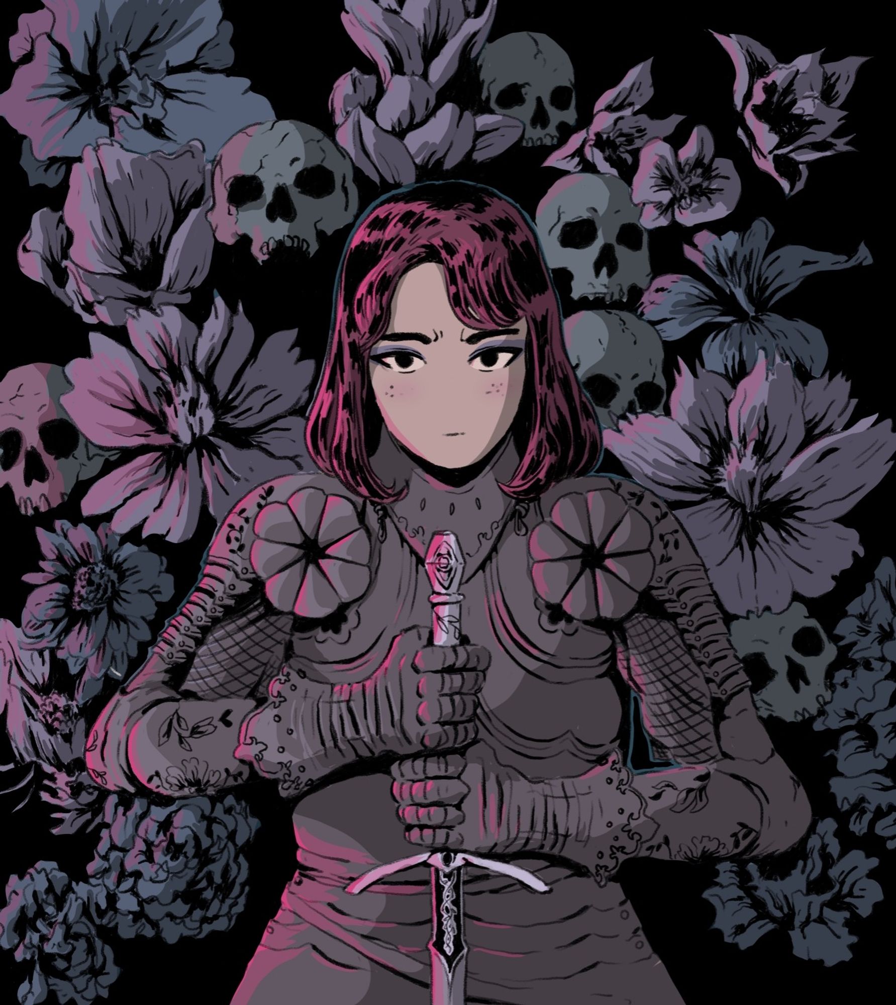 Lady knight in full gothic armor holding a sword with large flowers and skulls in the background