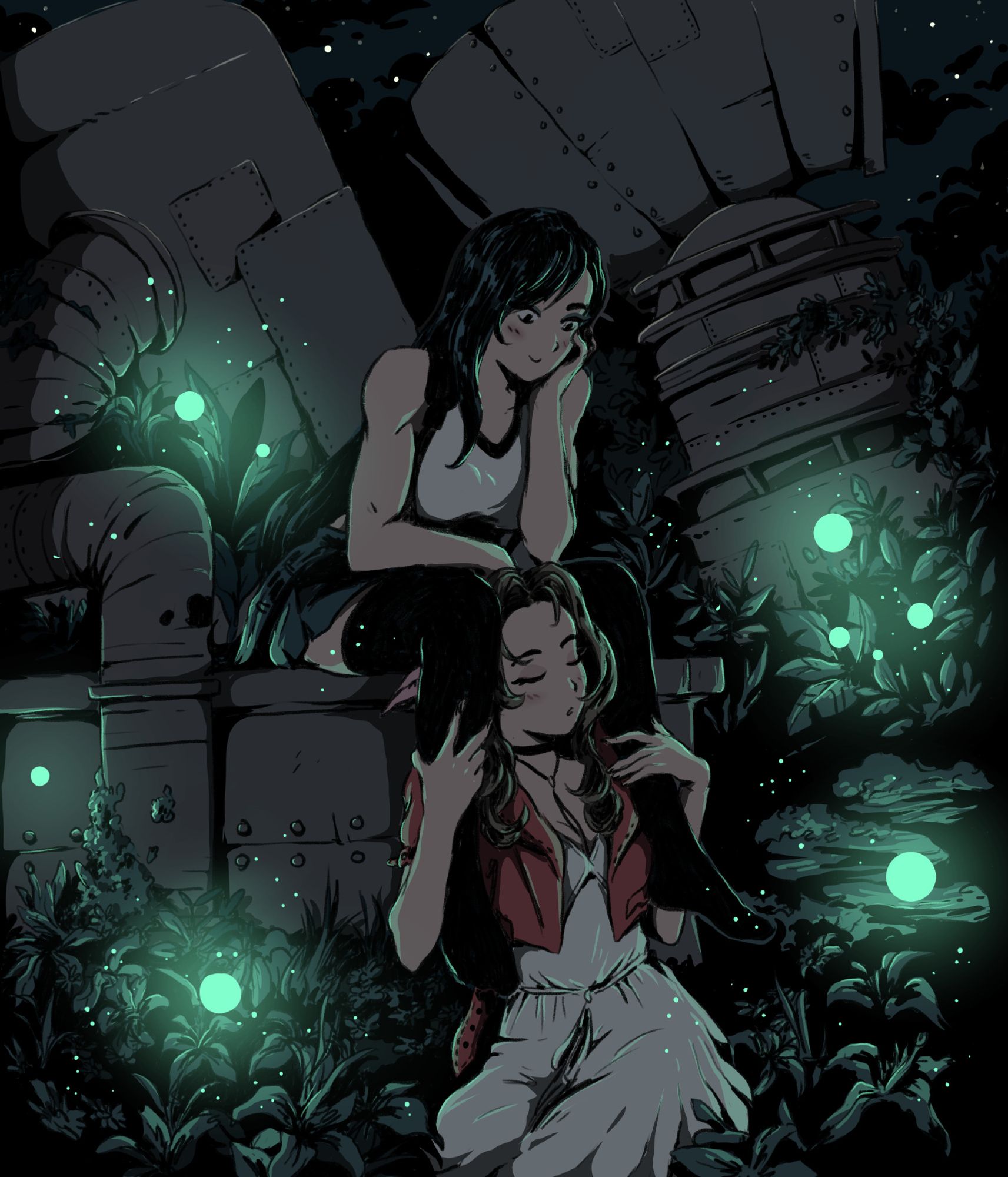 Fanart of Tifa and Aerith from FF VII Remake, Aerith sleeping between Tifa's legs, among ruins at night, green mako stuff floating around