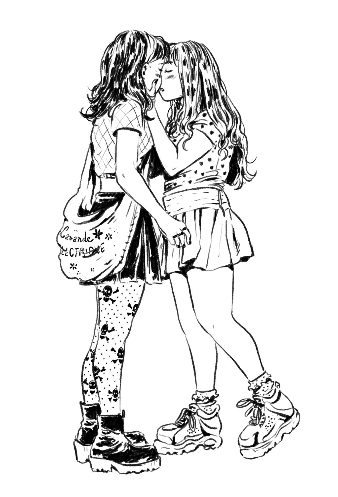 sketch drawing study of two women kissing
one is standing still (she's wearing big leather shoes, tights with skulls on them, short black skirt, a crop top, and she has black hair with a stray of blonde), the other's holding her face while she leans to kiss her (she's wearing big sneakers, short skirt, a top with hearts on it)