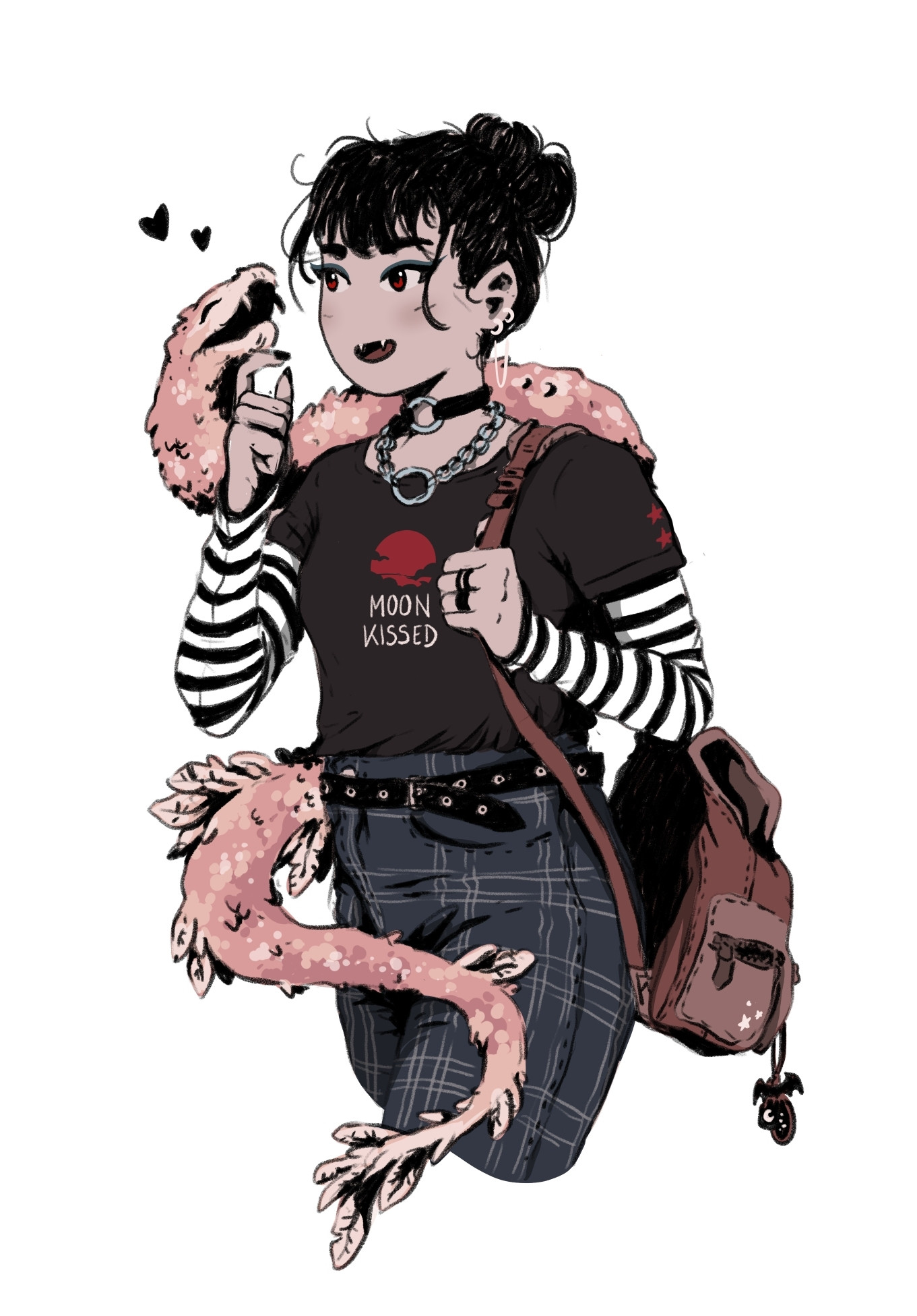 Young vampire gal in emo goth outfit petting her gf's feathered snake spirit