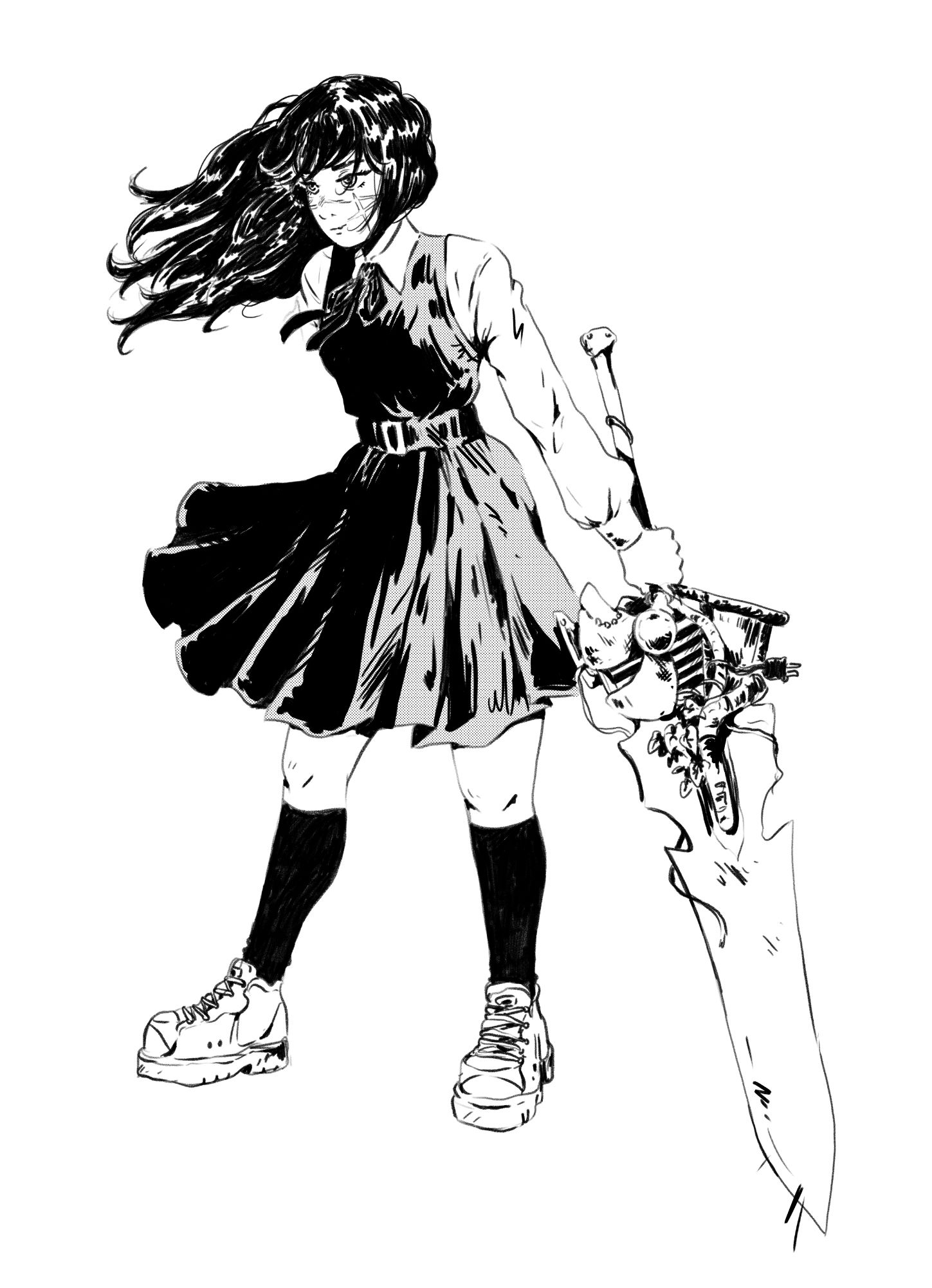 War devil from Chainsaw Man, wearing her highschool girl outfit and the incredible Apartment Sword