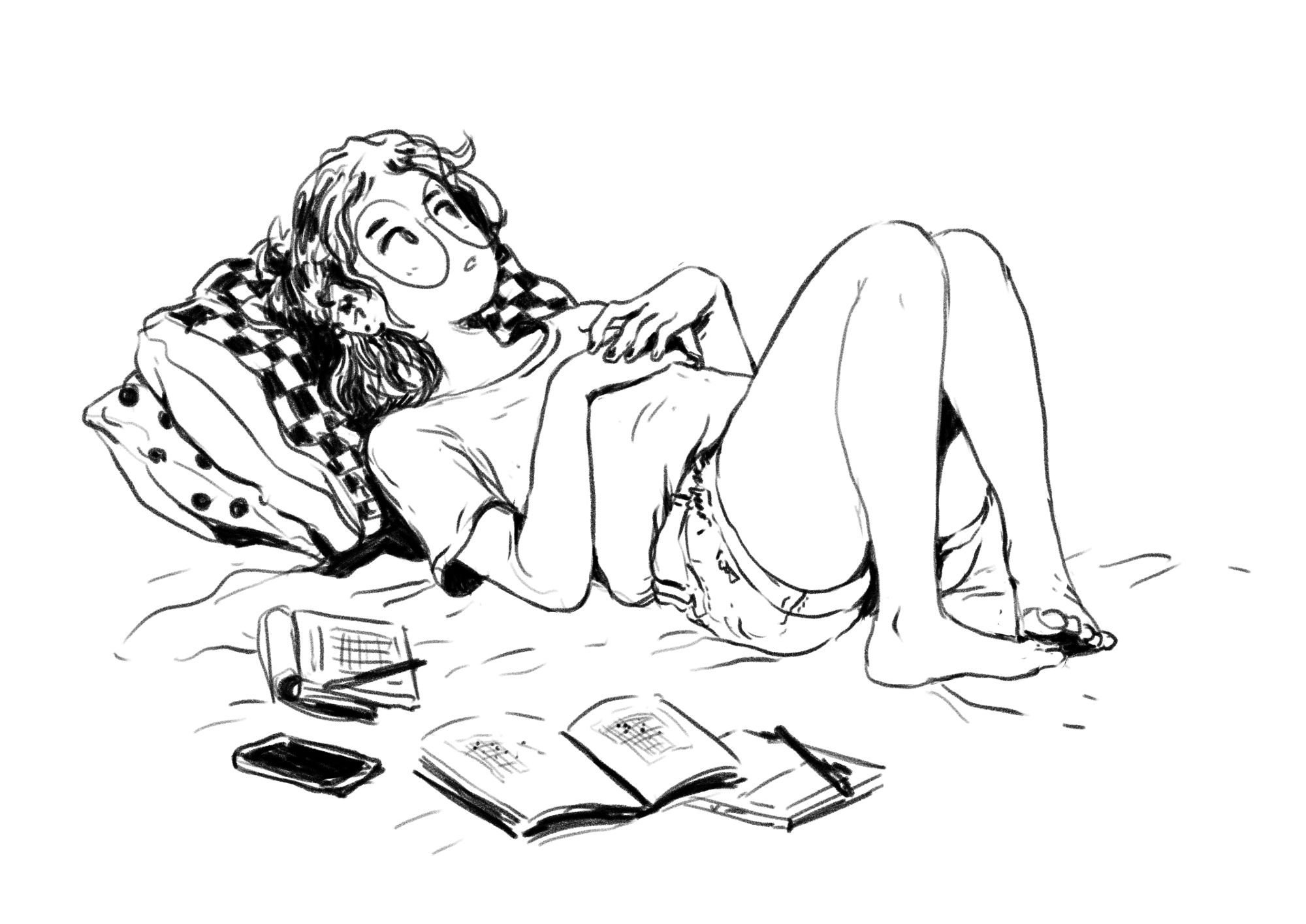 sketch drawing of a young woman lying on her bed, staring at the ceiling in a pensive way, with books about Go next to her