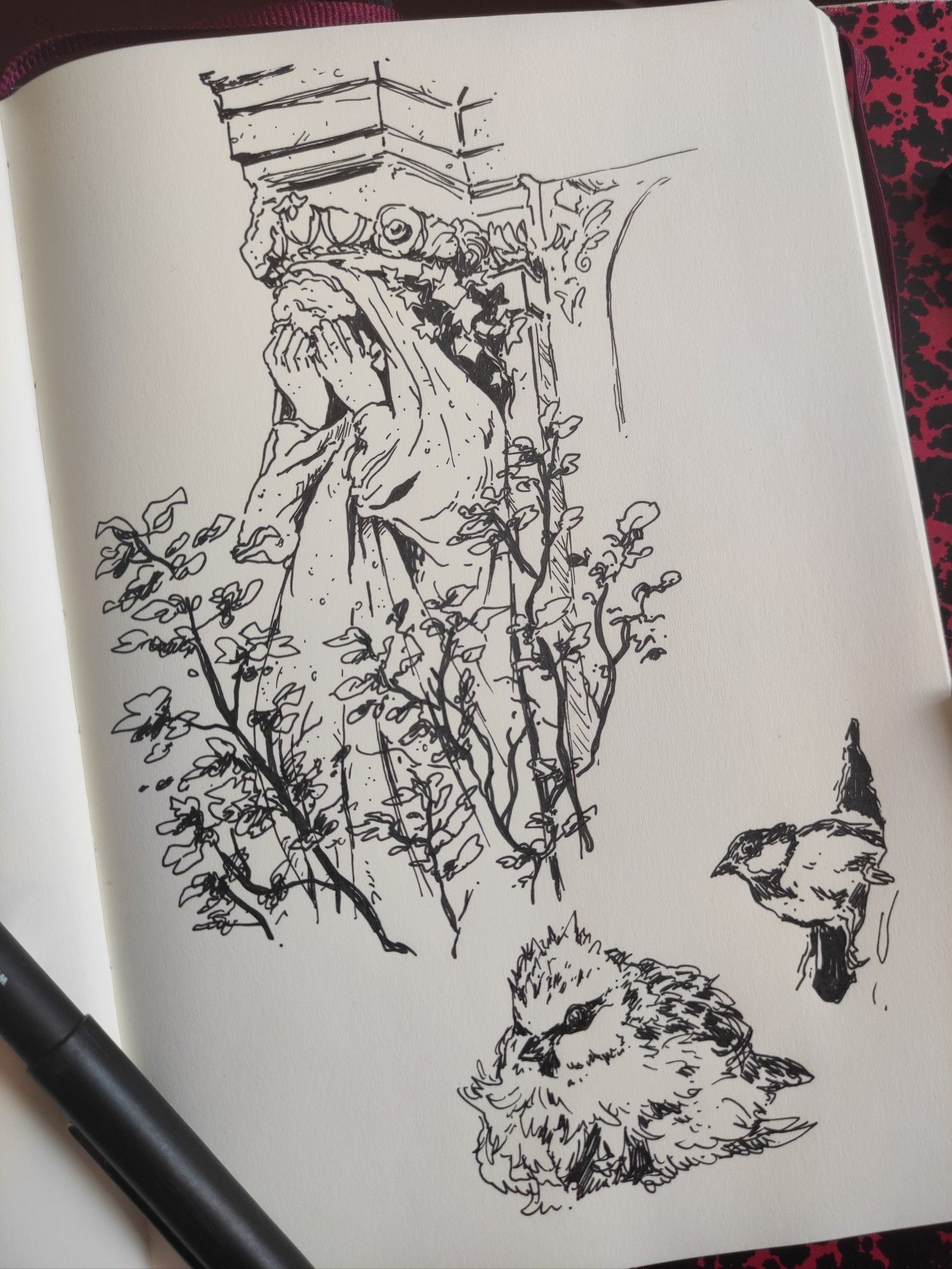 Sketchbook page with ink studies of a weeping woman statue and two blue tit birds (one very wet)