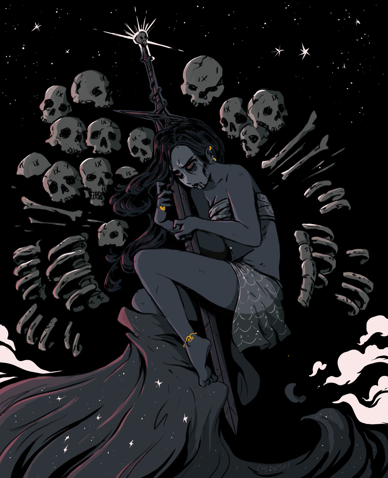 colored piece, fanart of Harrow from Harrow the Ninth
she's floating into the black space, holding a giant sword close to her chest, frowning in anger and sadness, tear rolling down her face painted as a skull
she's surrounded by many skulls with "IX" on their forehead, and ribcages, and bones