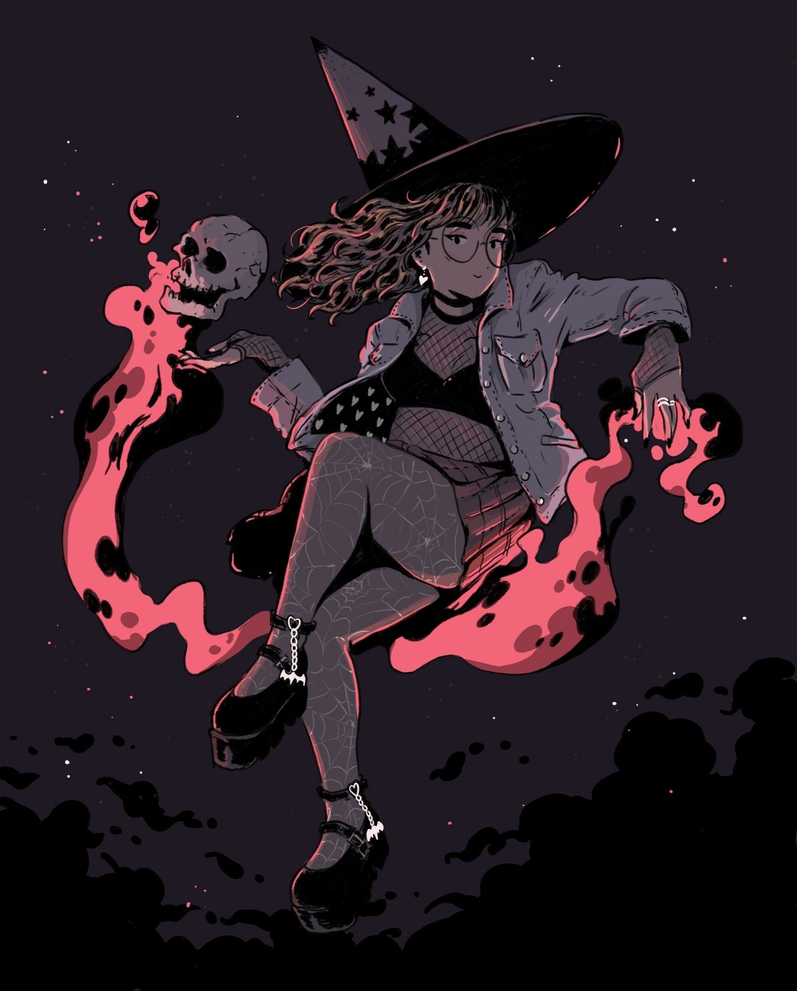 Self portrait of me as a witch, floating in the sky, wielding necromancer magic