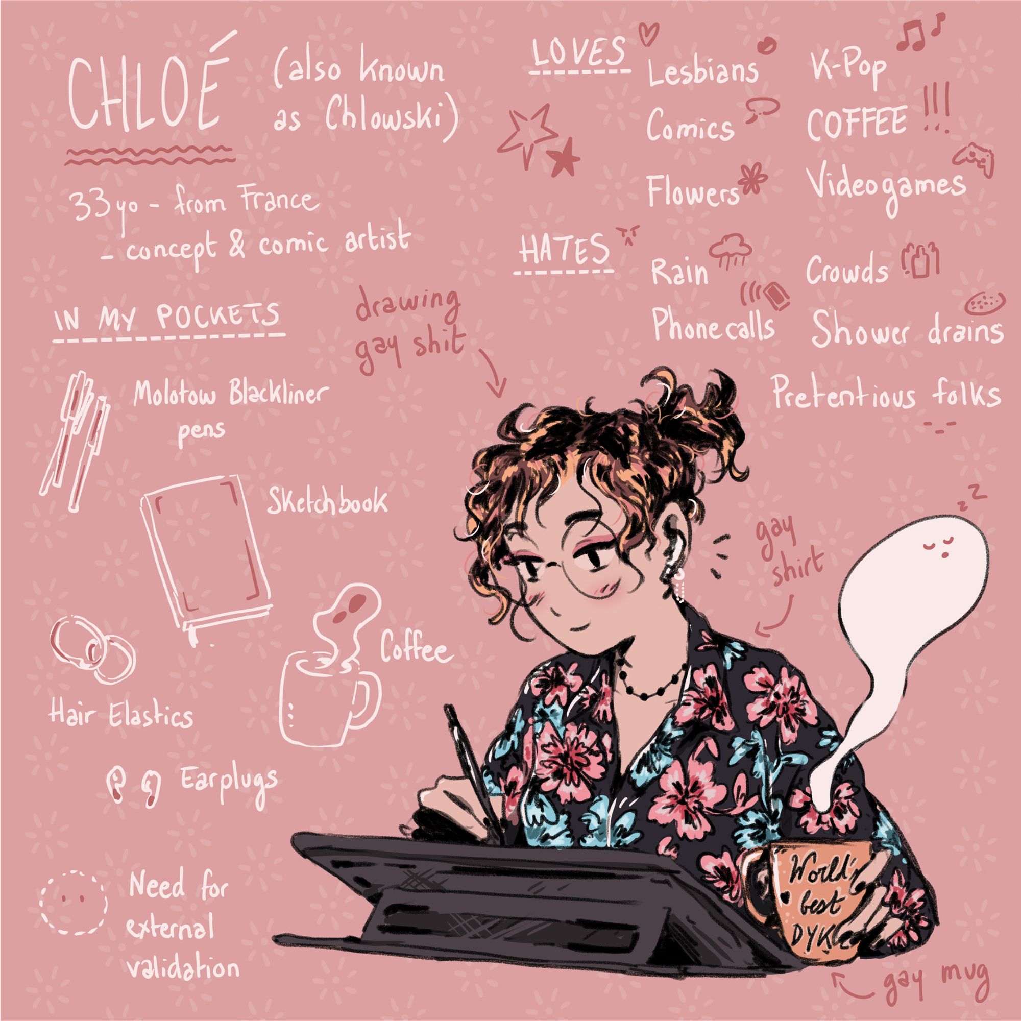 a "meet the artist" self-portrait of me drawing, with various informations about me written all around it