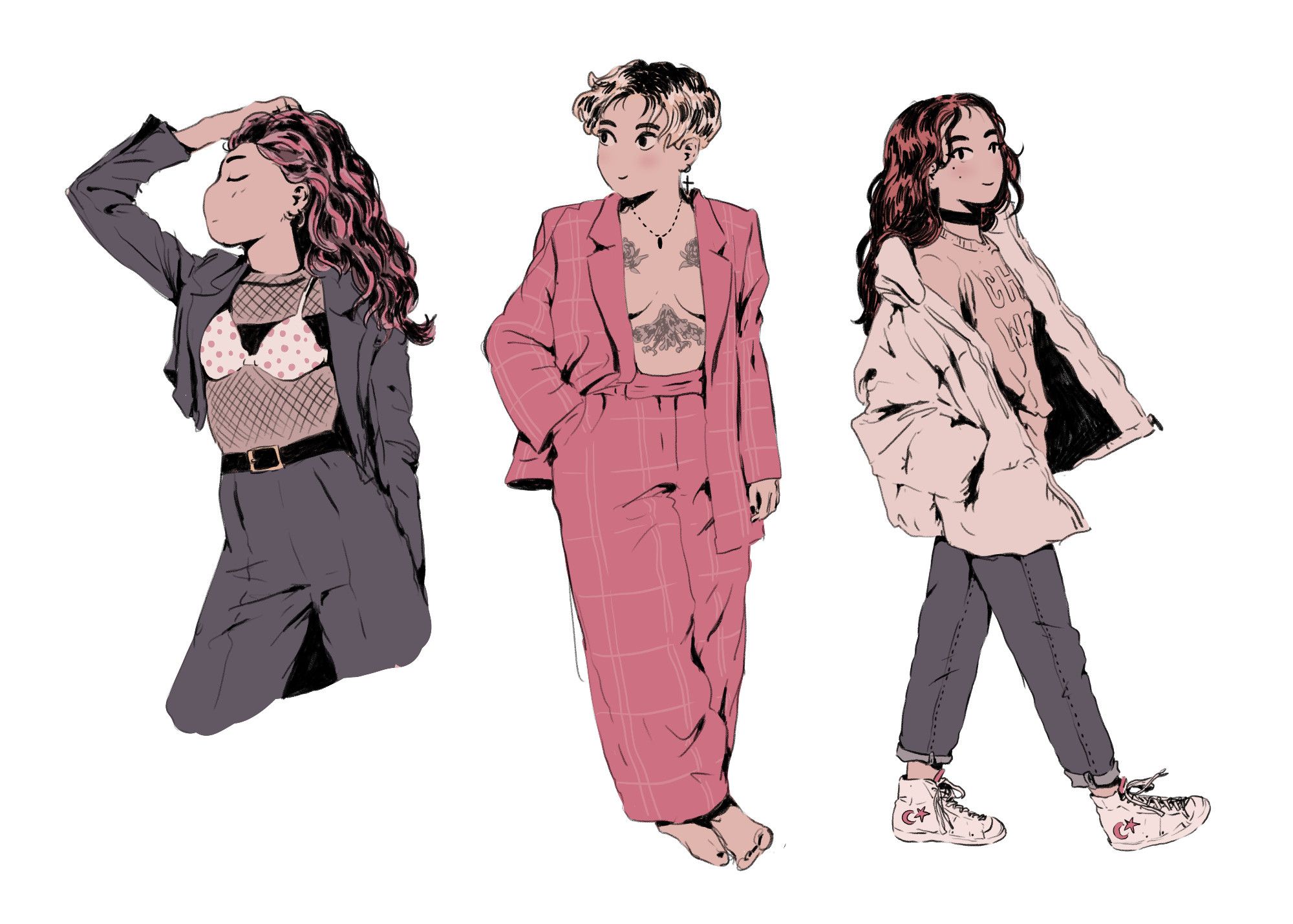 three women
one wearing a grey suit, fishnet top and bra, pinkish hair
one wearing a pink suit, nothing underneath, showing tattos on her chest and belly, bare feet, blonde short hair
one wearing a comfy casual look, jeans, converse-like shoes, big winter coat, pinkish hair