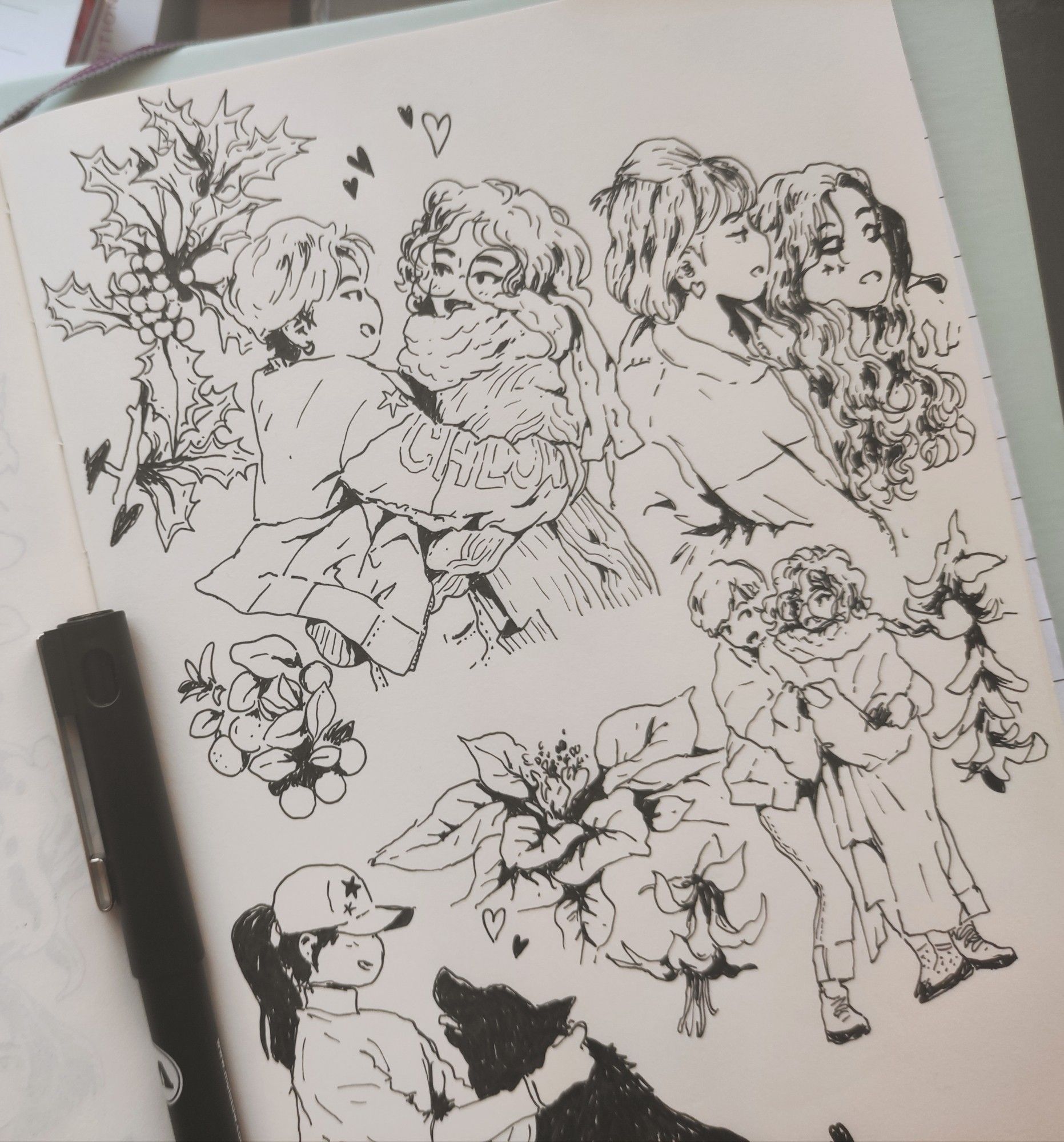 ink drawings in my sketchbook
Lesbian couples softly holding each other, with christmas plants and flowers
also a girl petting her black dog