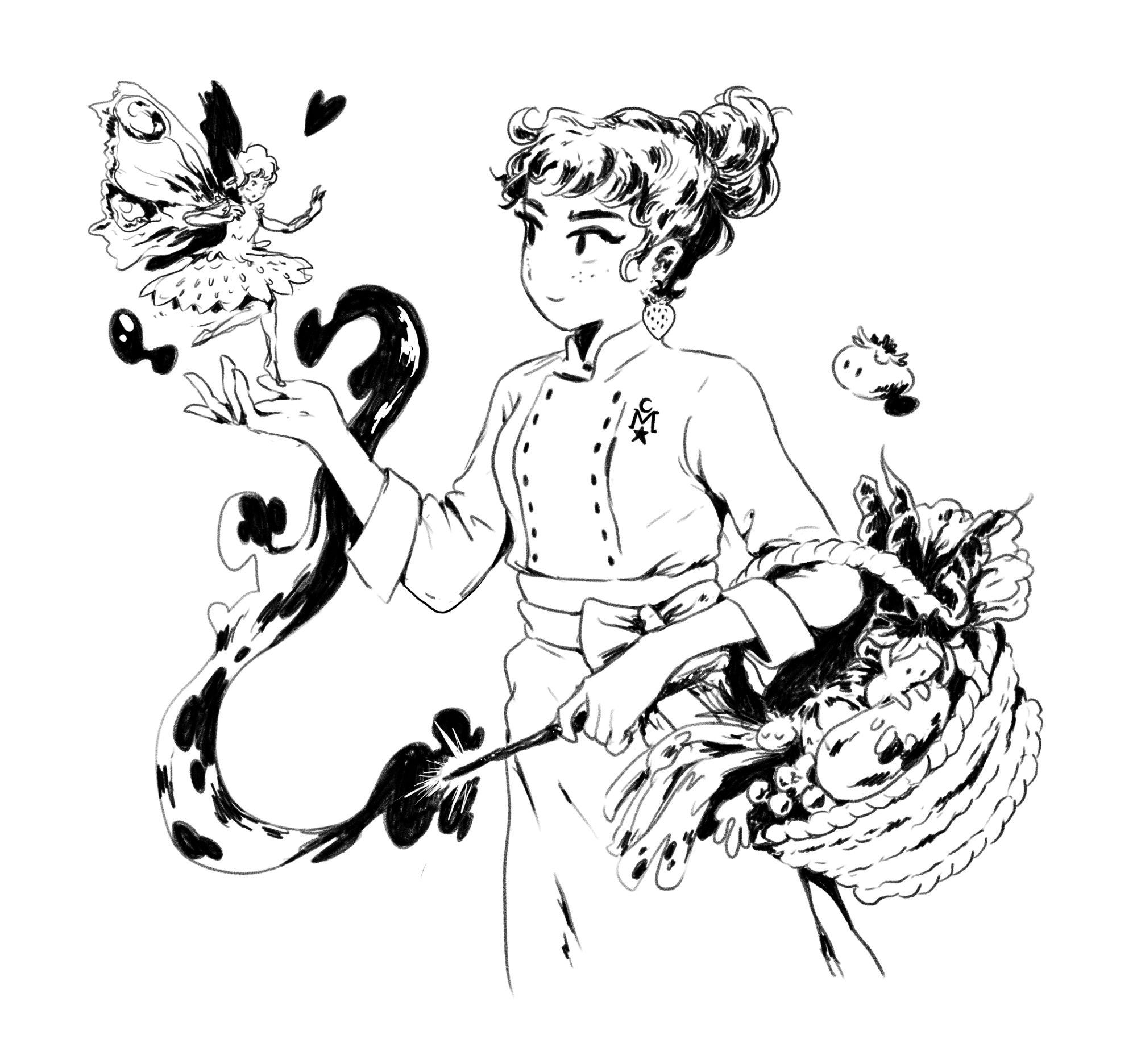 sketch drawing of a young witch in a sort of chef outfit, holding a big basket of vegetables and a wand, using magic to create a cute strawberry dress for her fairy friend
also the witch has strawberry shaped earrings