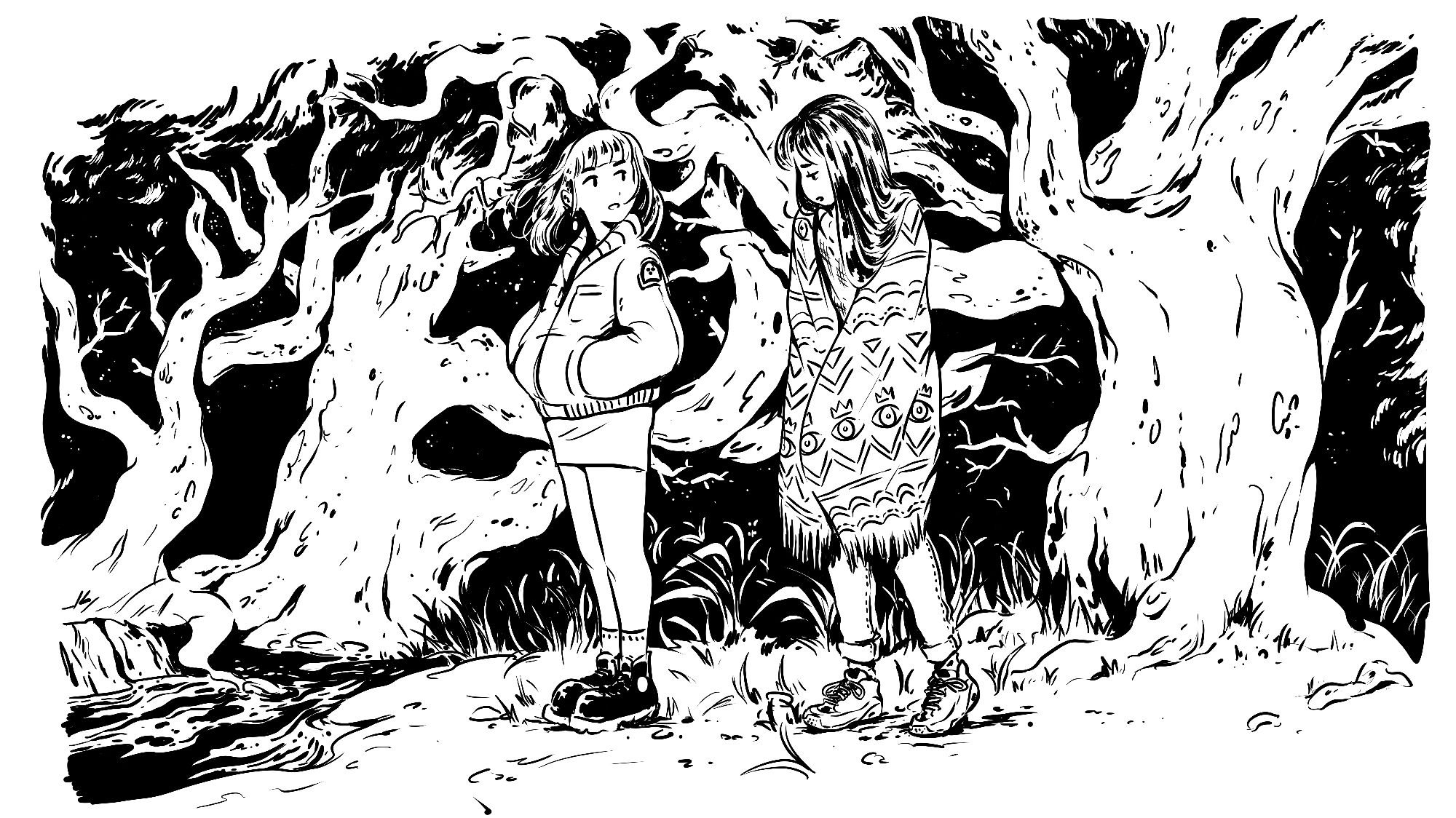 Black and white drawing in landscape format
Two young woman in the forest, big old trees heavily present in the background, the two girls seem almost lost in it
They stand near a river, one is turning around to see the other, a slight smile on her face, the other one has a blanket on her shoulders, she's taller but look more sad, staring down