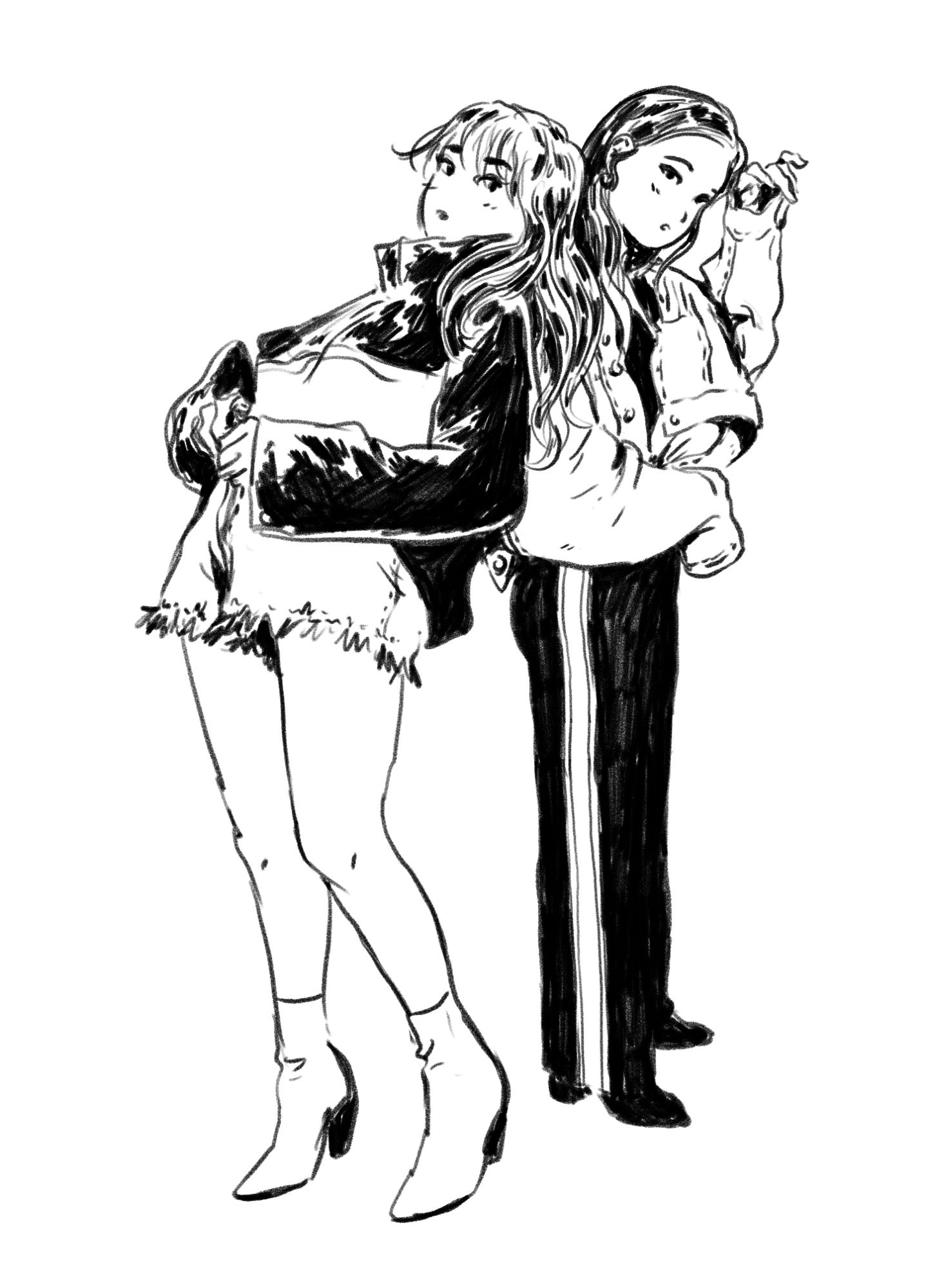 black and white sketch study of two women (looking like models or idols), one standing straight, wearing a jean jacket, the other leaning on the first one's shoulder, wearing some big sweater, jean shorts and heels