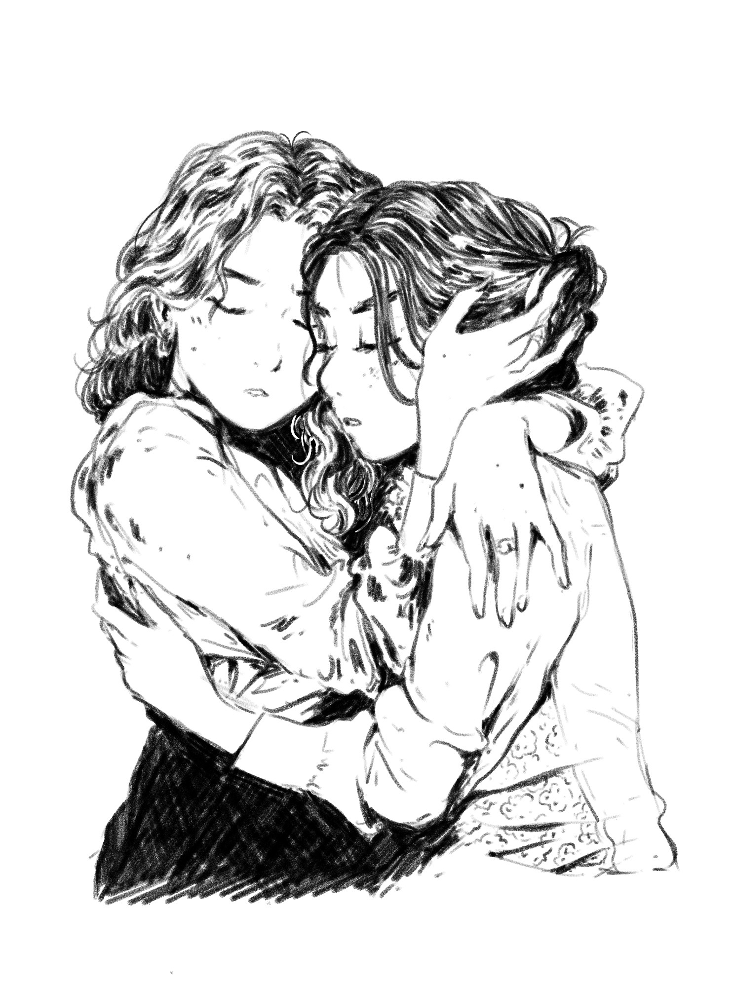 Sketch drawing of two women in each others arms, the one on the left holding the other’s head in a somewhat comforting or protective way